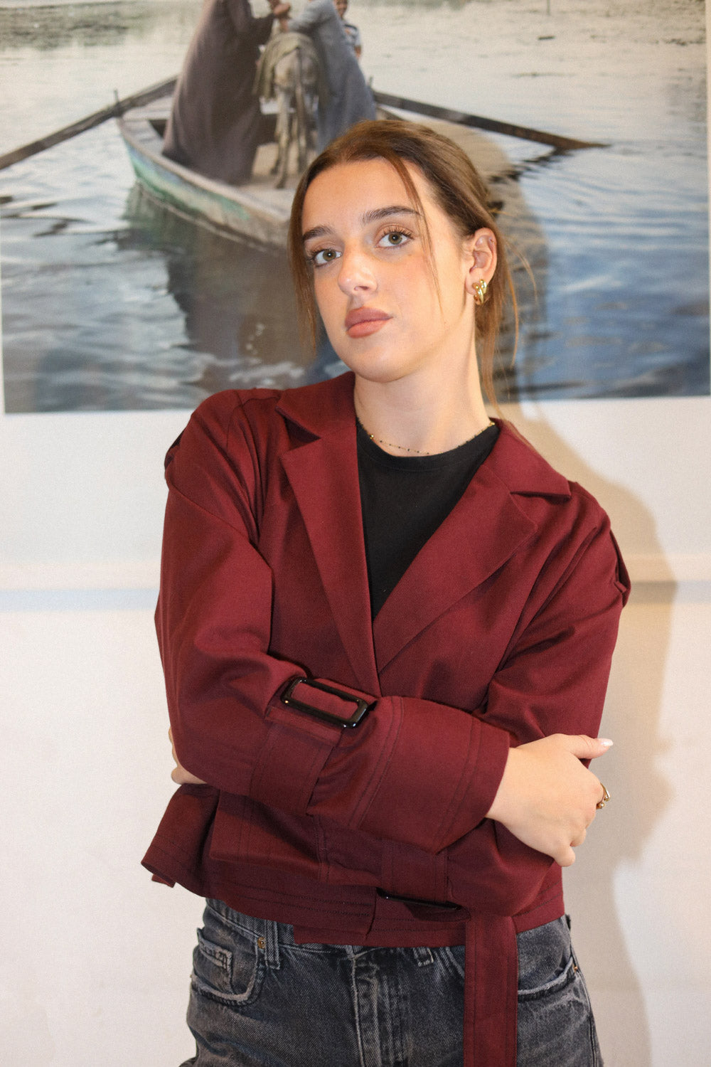 Cropped Trench Coat - Burgandy