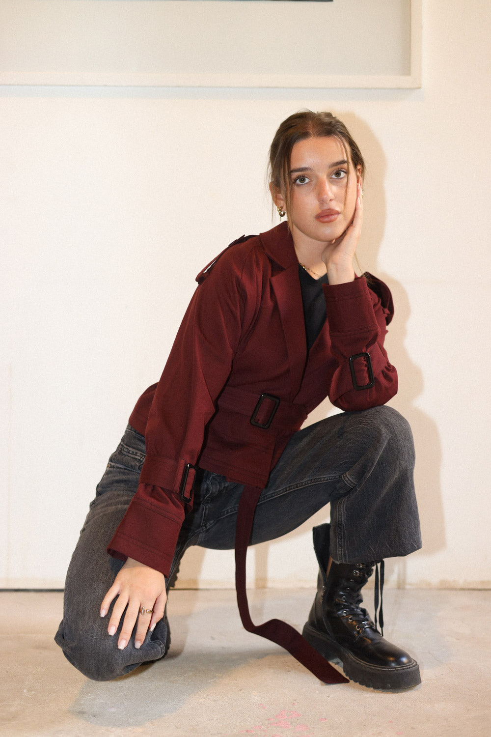 Cropped Trench Coat - Burgandy