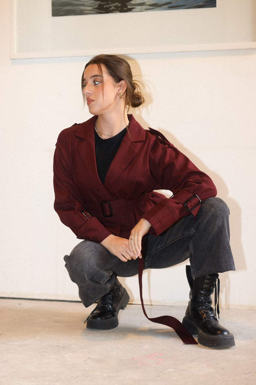 Cropped Trench Coat - Burgandy