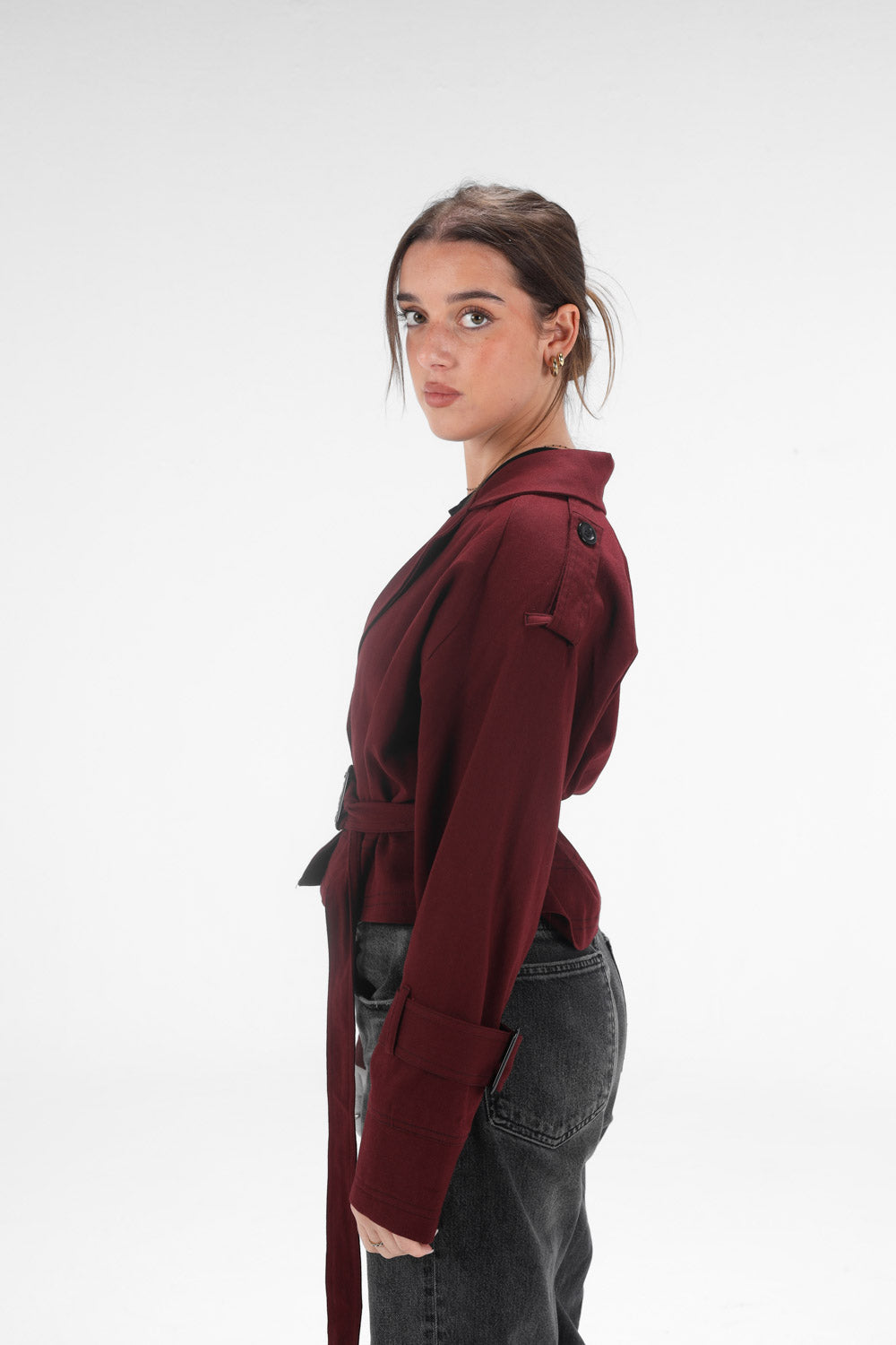 Cropped Trench Coat - Burgandy
