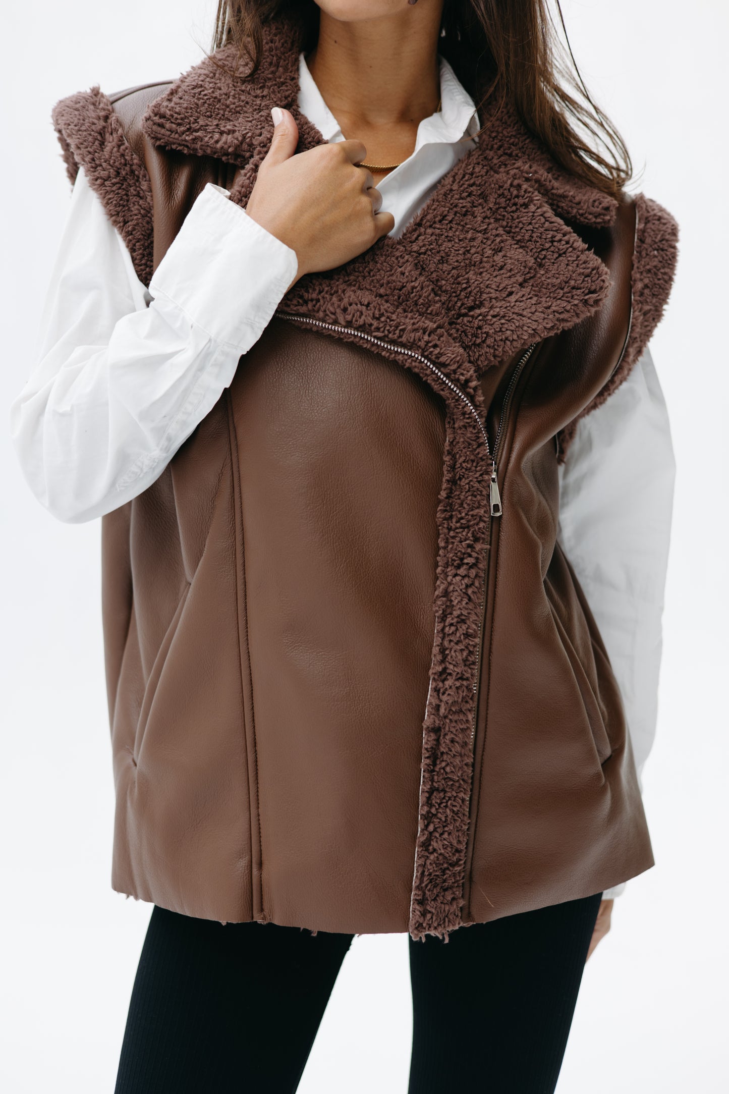 Leather Fur Vest - Brown