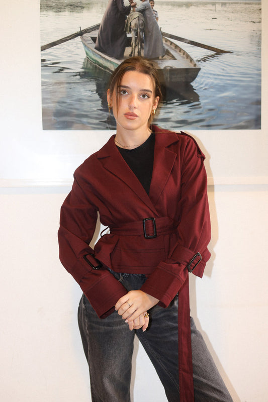 Cropped Trench Coat - Burgandy