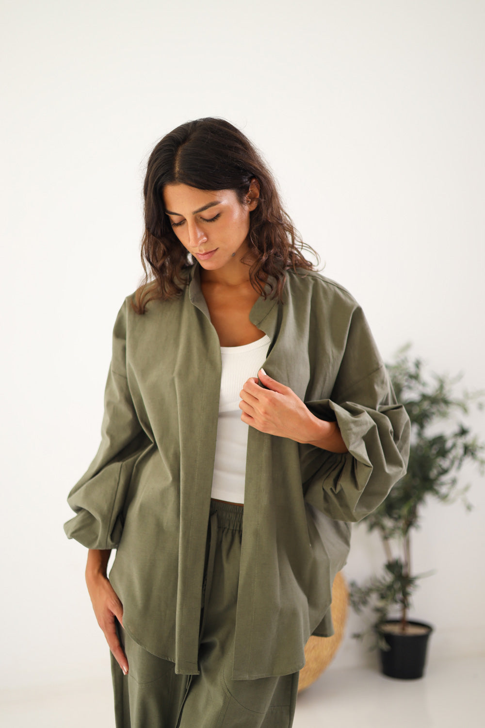 Ballon Sleeves Shirt - Olive