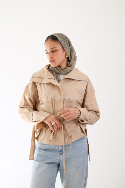 Embriodary Cropped Jacket - BEIGE