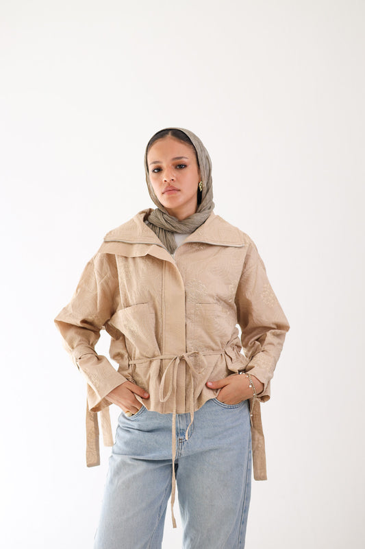 Embriodary Cropped Jacket - BEIGE