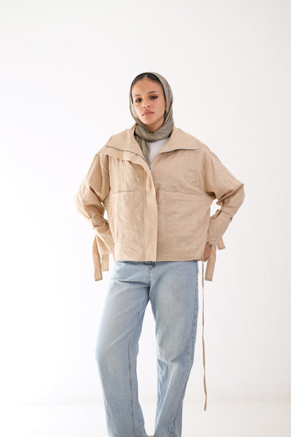 Embriodary Cropped Jacket - BEIGE