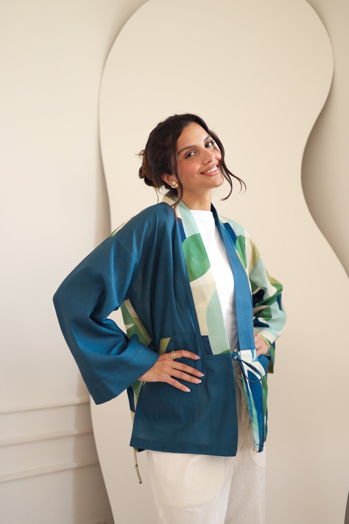 LINEN PRINTED KIMONO - BLUE