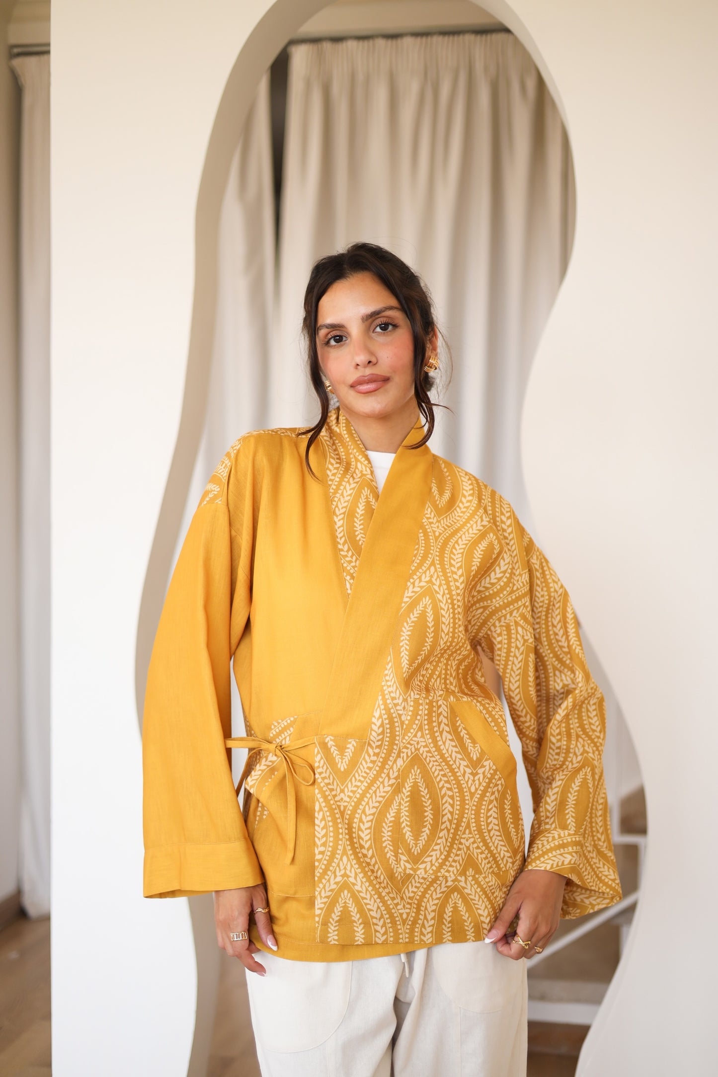 LINEN PRINTED KIMONO - YELLOW
