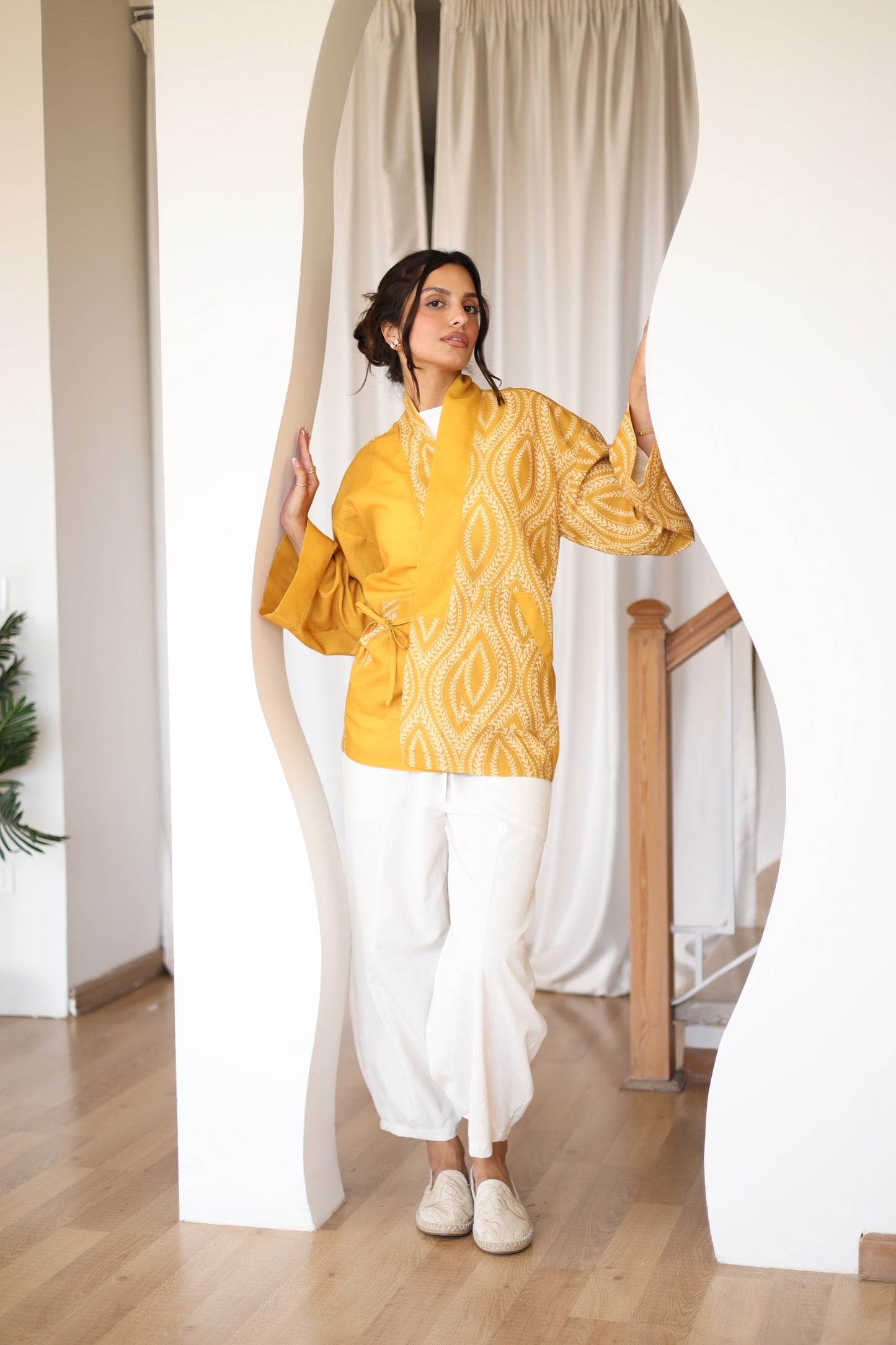 LINEN PRINTED KIMONO - YELLOW