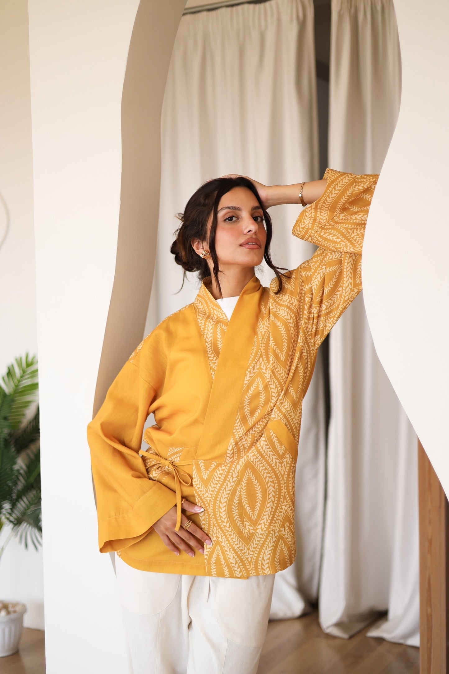 LINEN PRINTED KIMONO - YELLOW