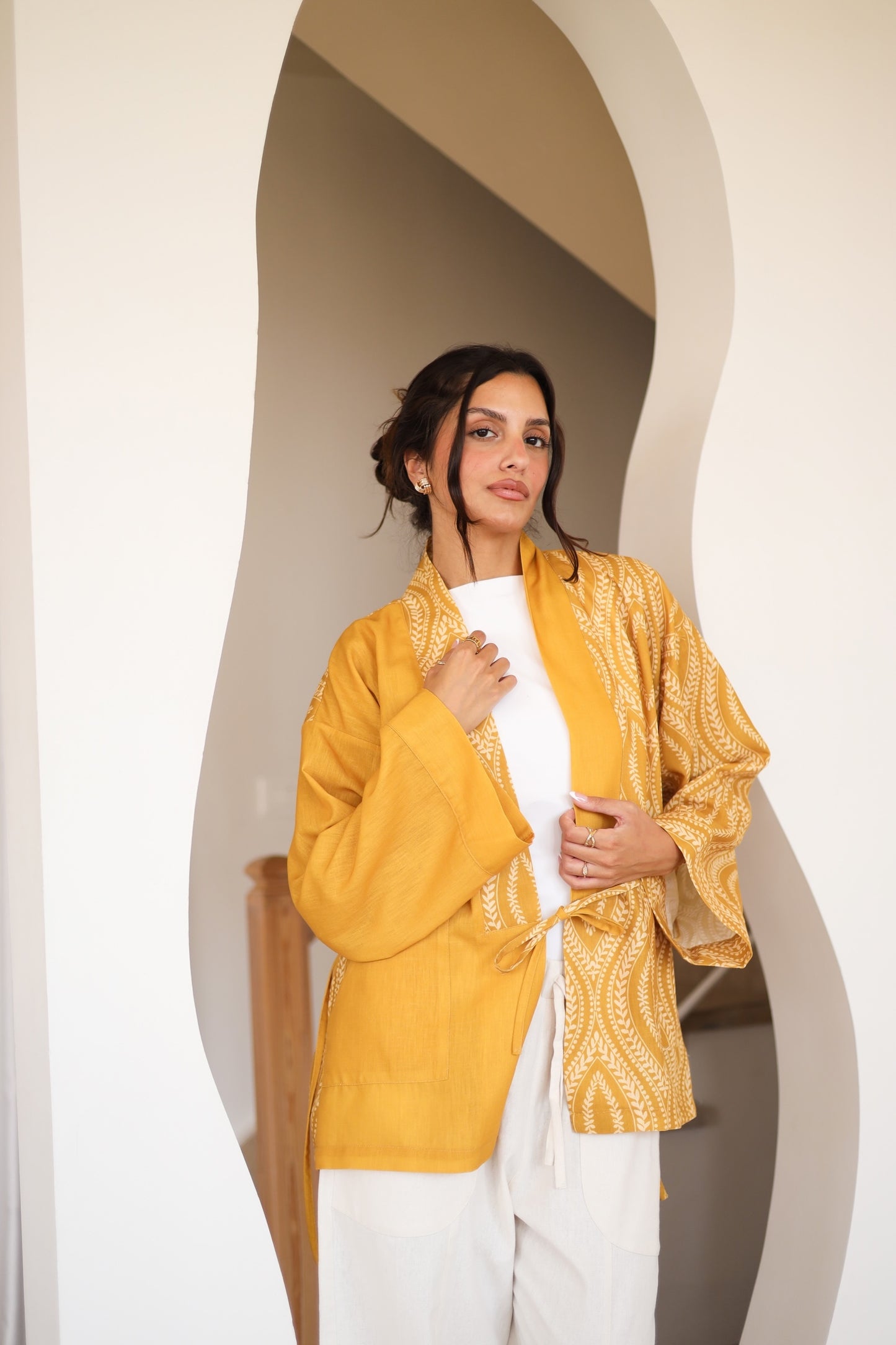 LINEN PRINTED KIMONO - YELLOW
