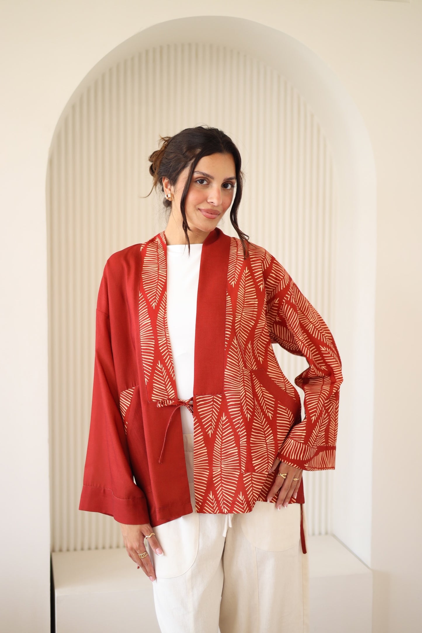 LINEN PRINTED KIMONO - MAROON