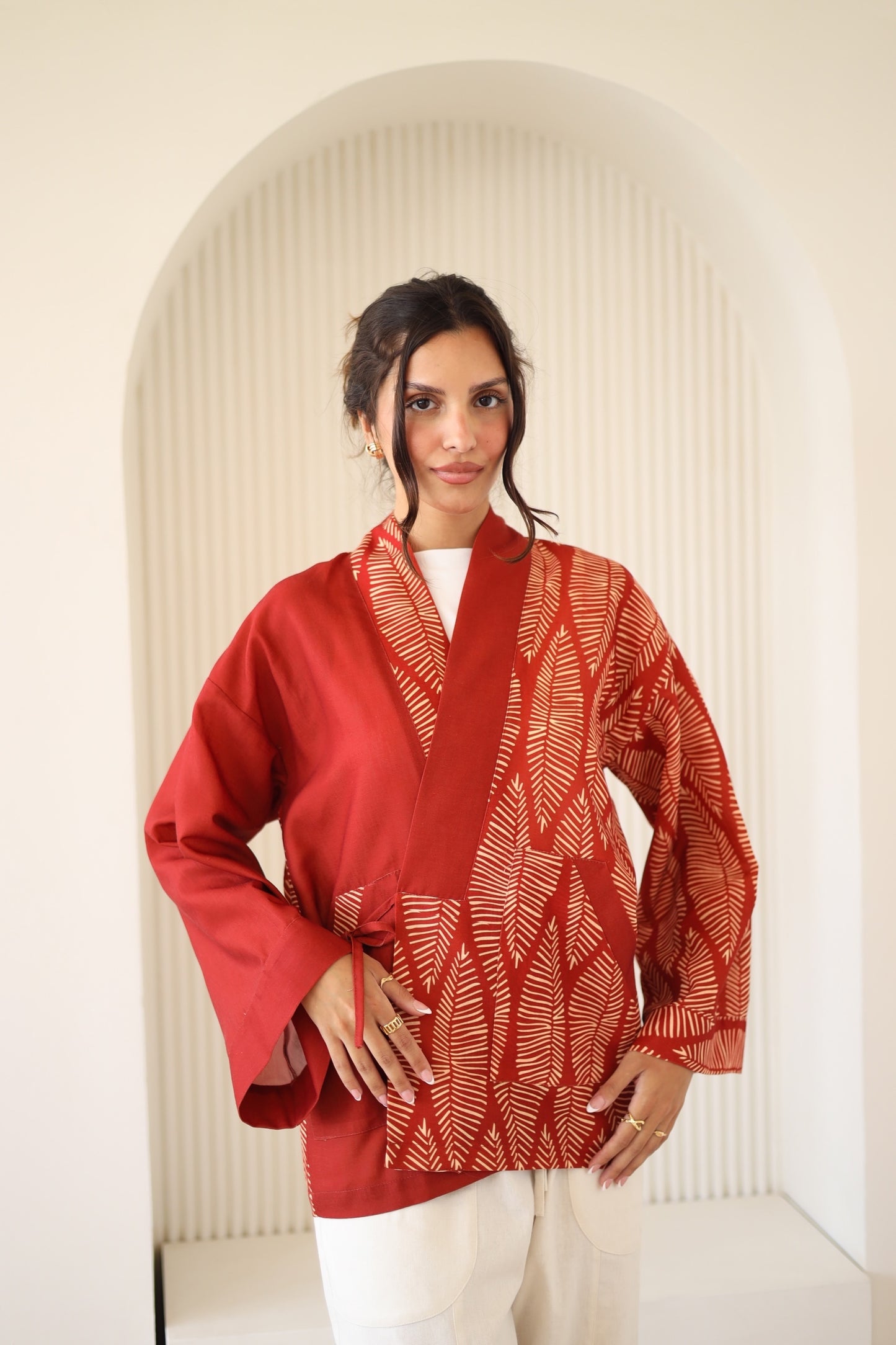 LINEN PRINTED KIMONO - MAROON