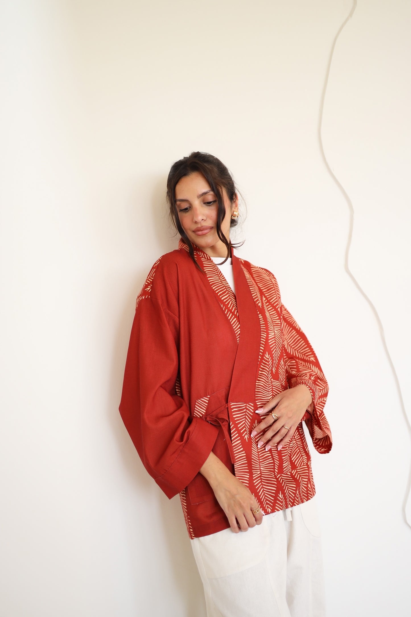 LINEN PRINTED KIMONO - MAROON