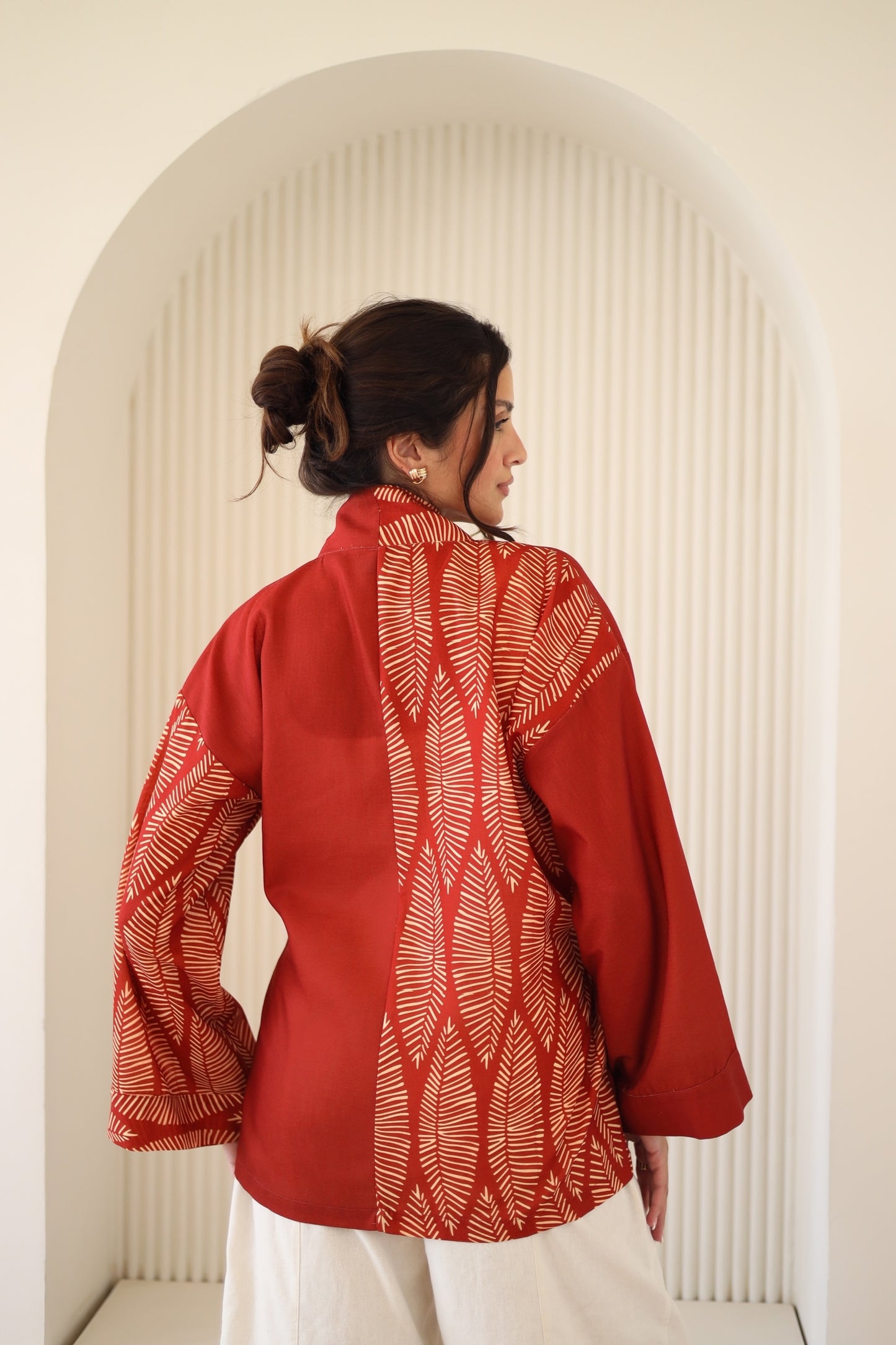 LINEN PRINTED KIMONO - MAROON