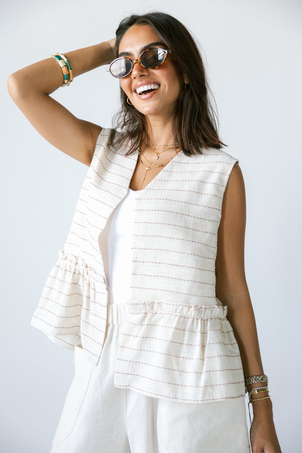 Lined Linen Vest - BEIGE X RED