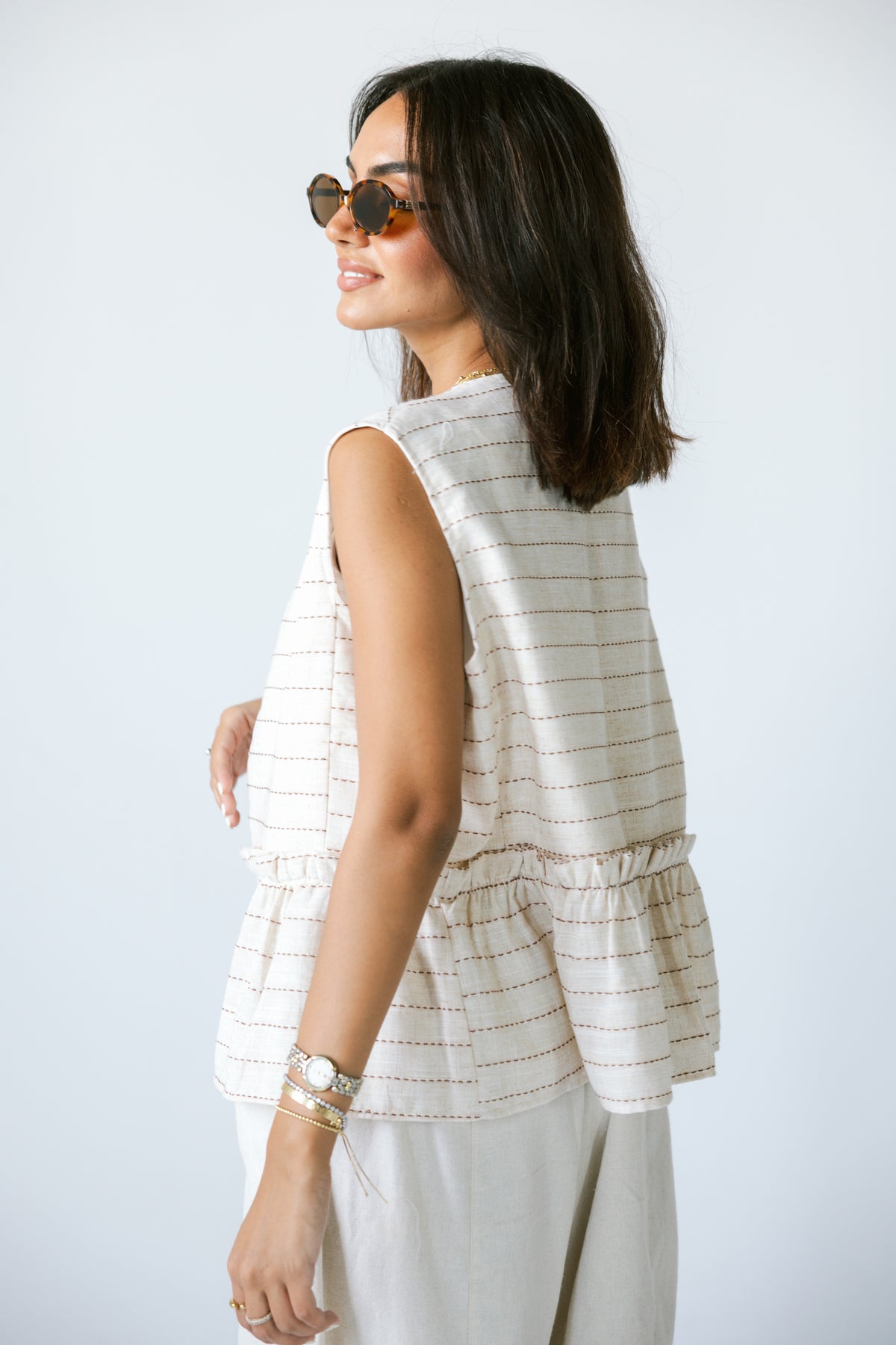 Lined Linen Vest - BEIGE X RED