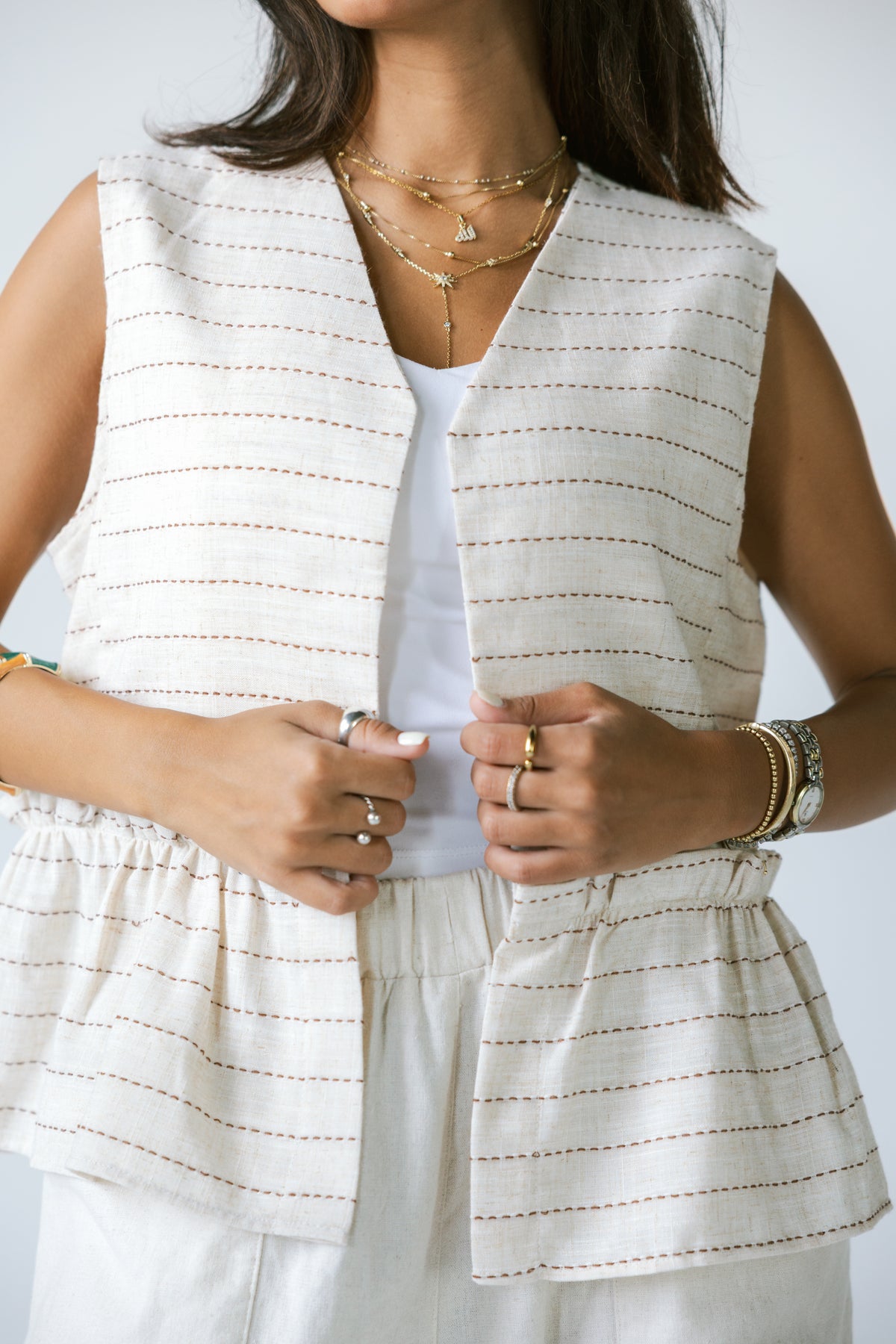 Lined Linen Vest - BEIGE X RED