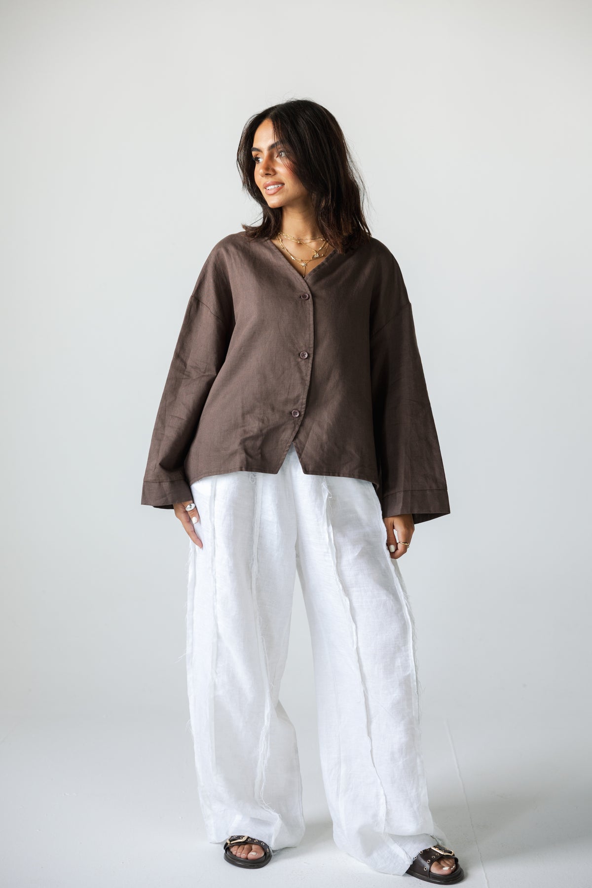 Pure Linen Shirt - BROWN