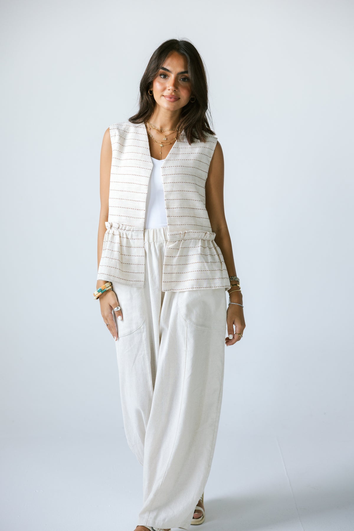 Lined Linen Vest - BEIGE X RED