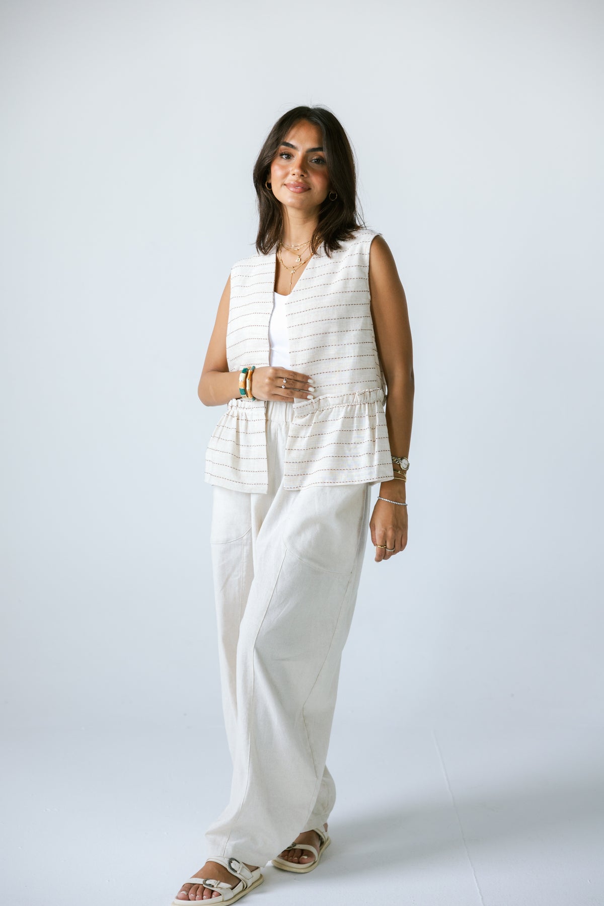 Lined Linen Vest - BEIGE X RED