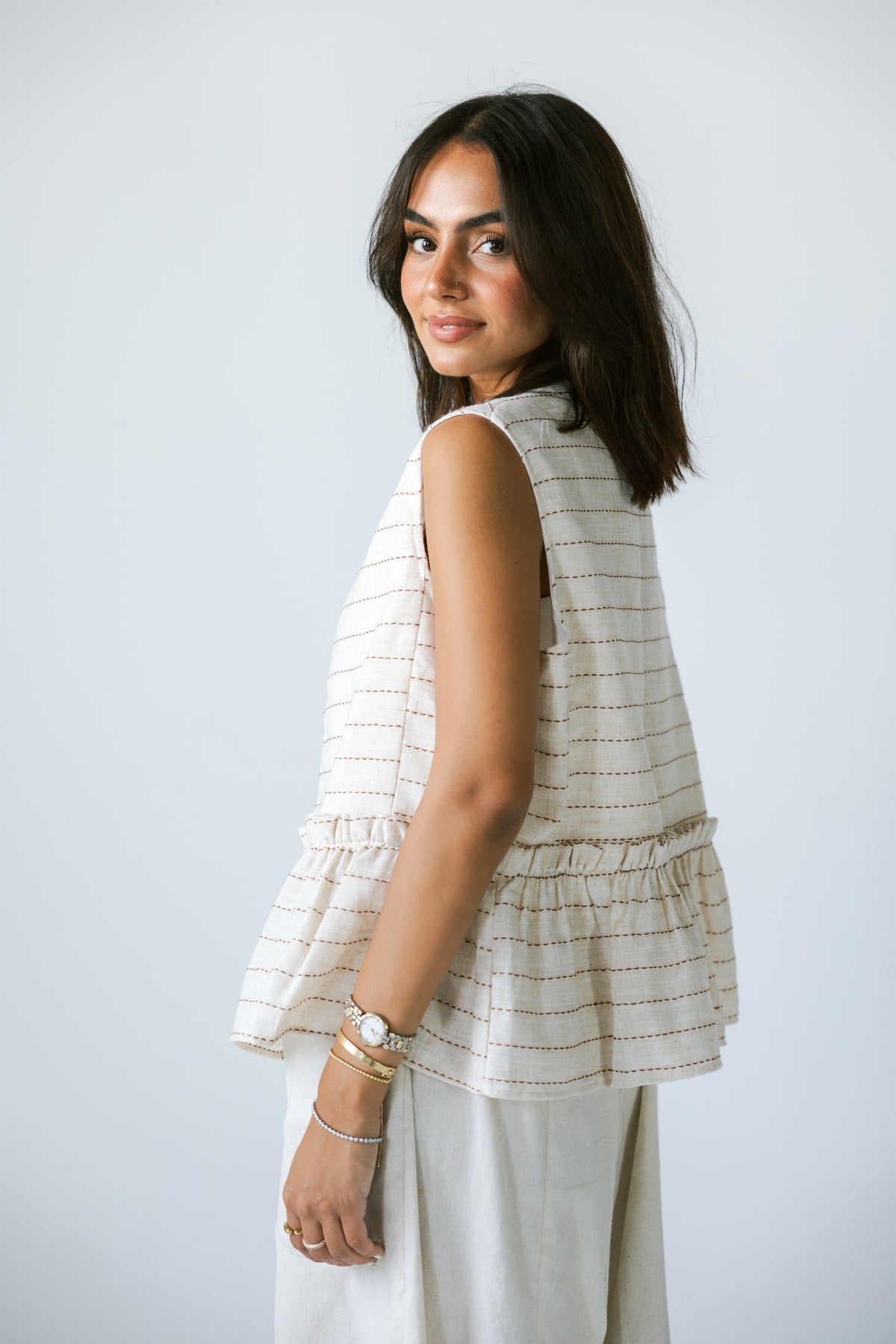 Lined Linen Vest - BEIGE X RED