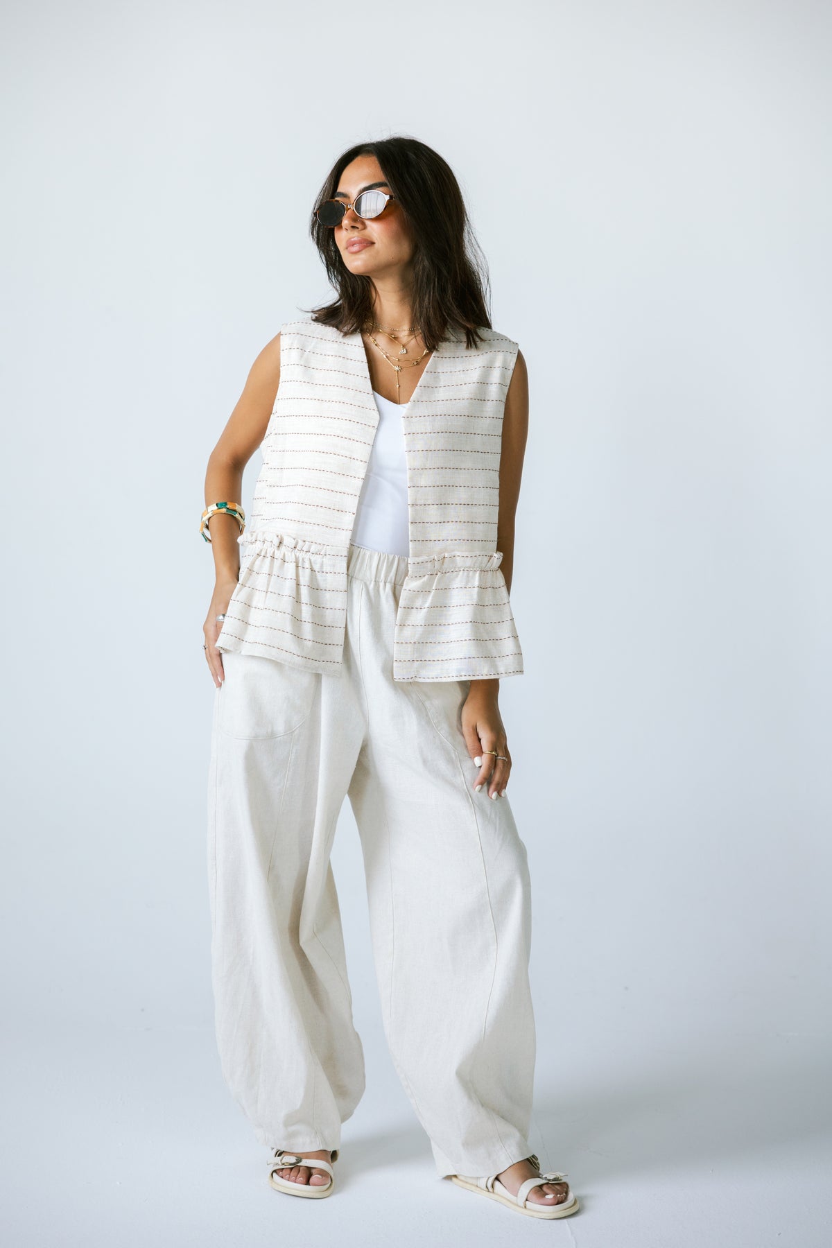 Lined Linen Vest - BEIGE X RED