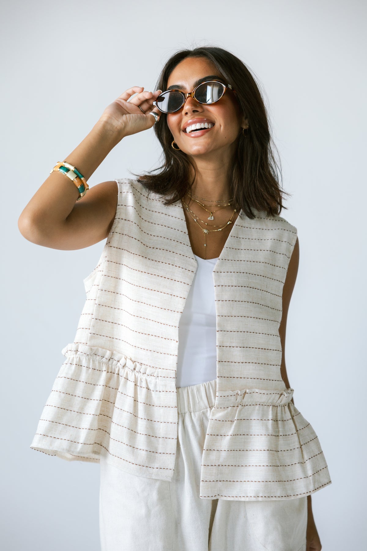 Lined Linen Vest - BEIGE X RED
