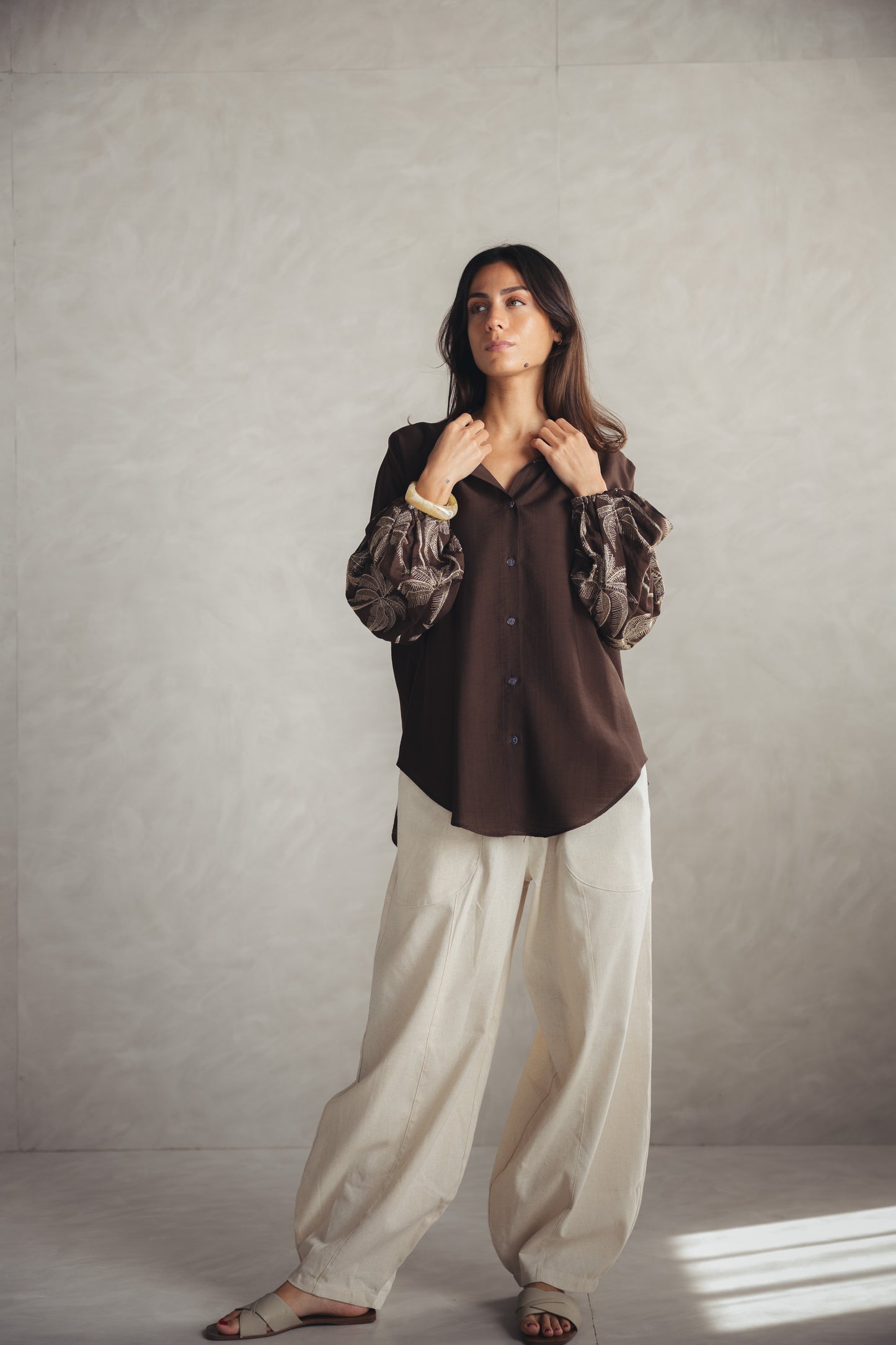 Tree Sleeves Linen Shirt - BROWN