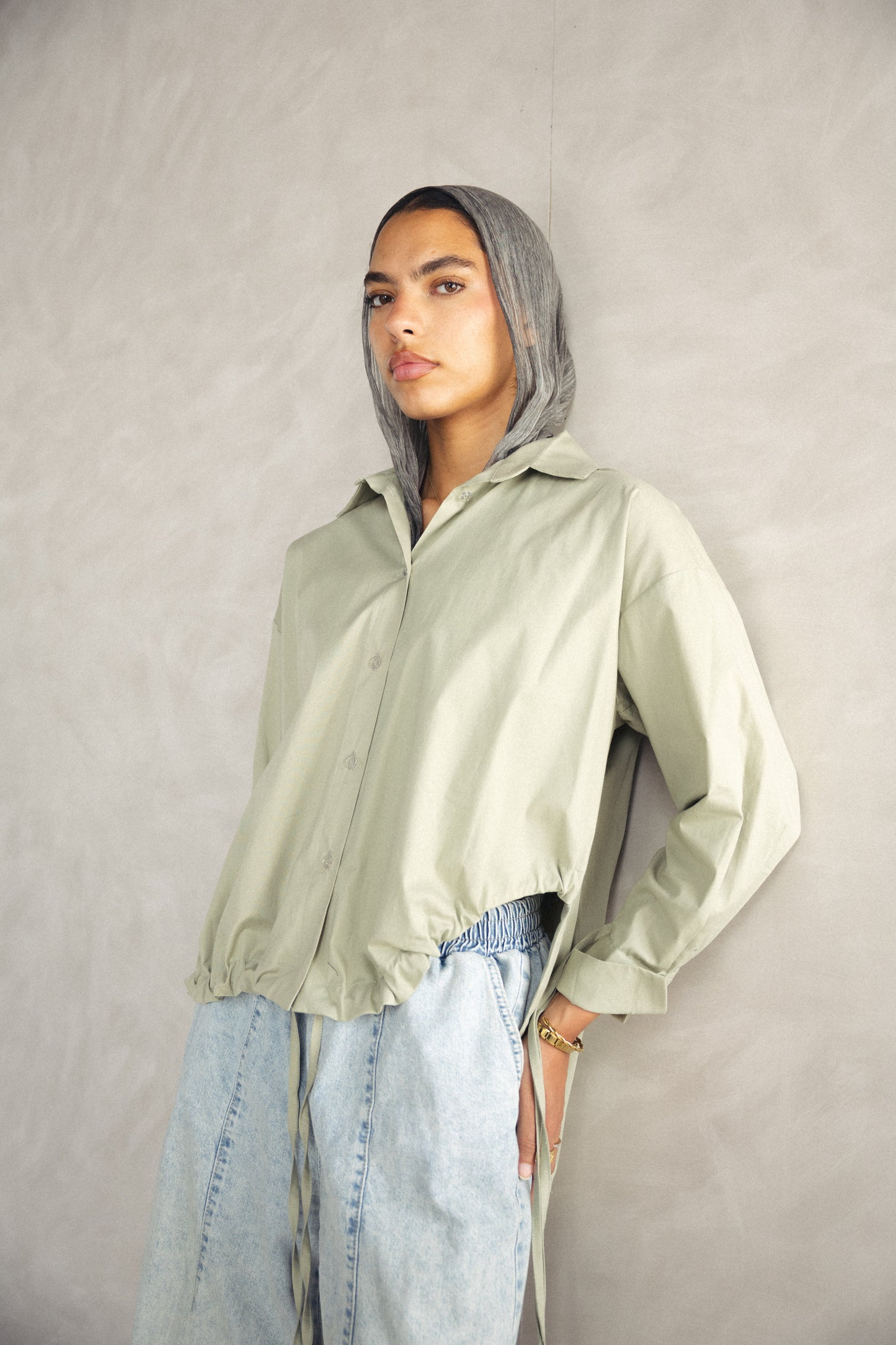 High Low Poplin Shirt - OLIVE