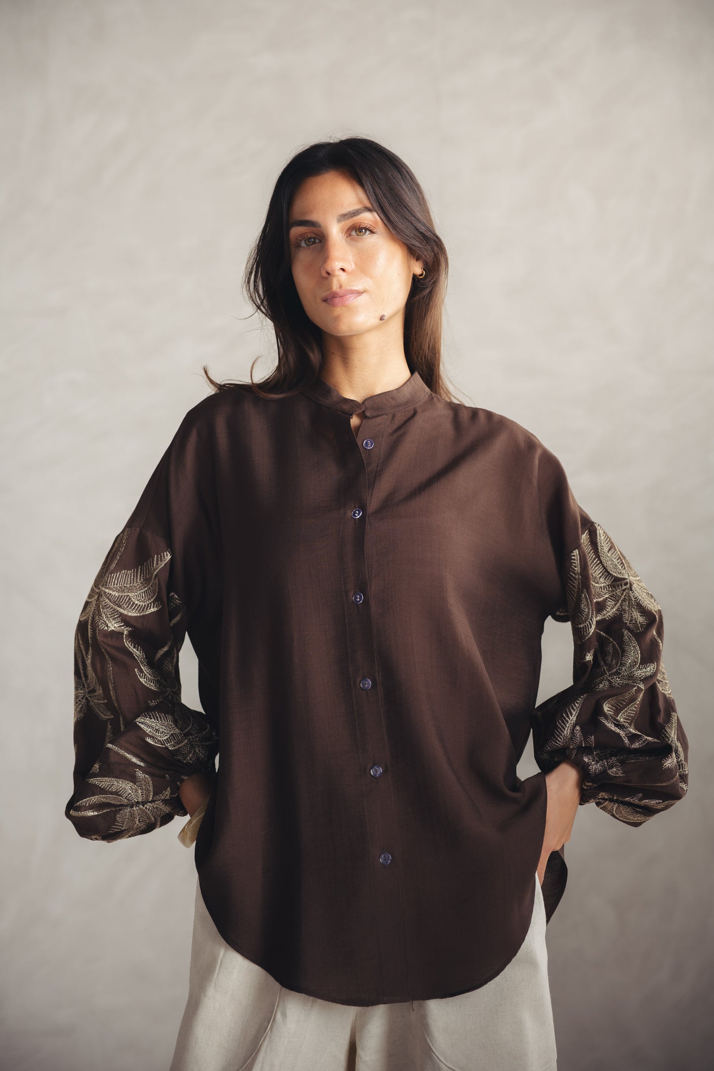 Tree Sleeves Linen Shirt - BROWN