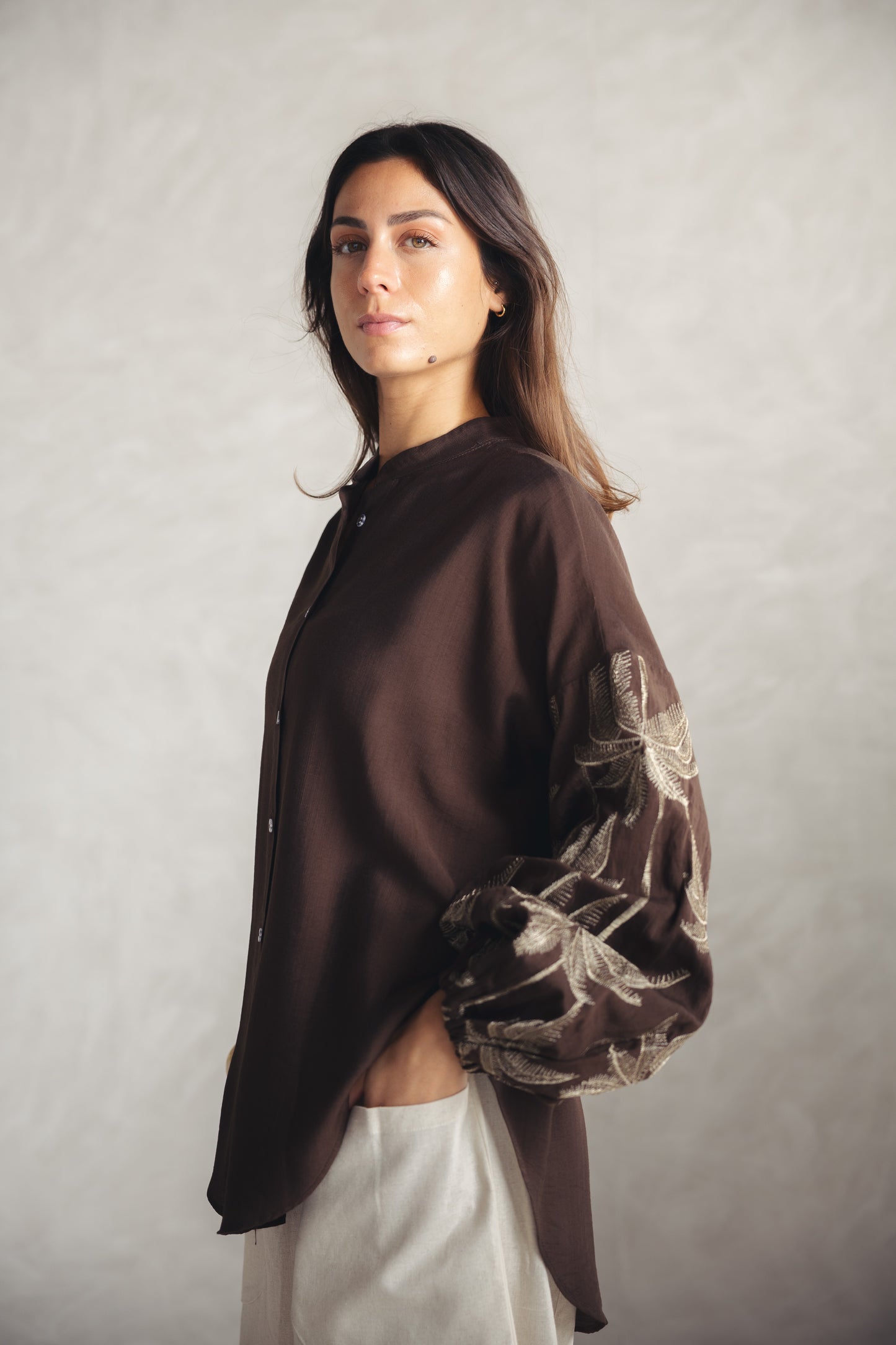 Tree Sleeves Linen Shirt - BROWN