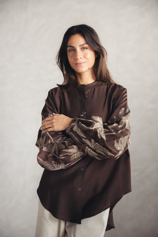 Tree Sleeves Linen Shirt - BROWN
