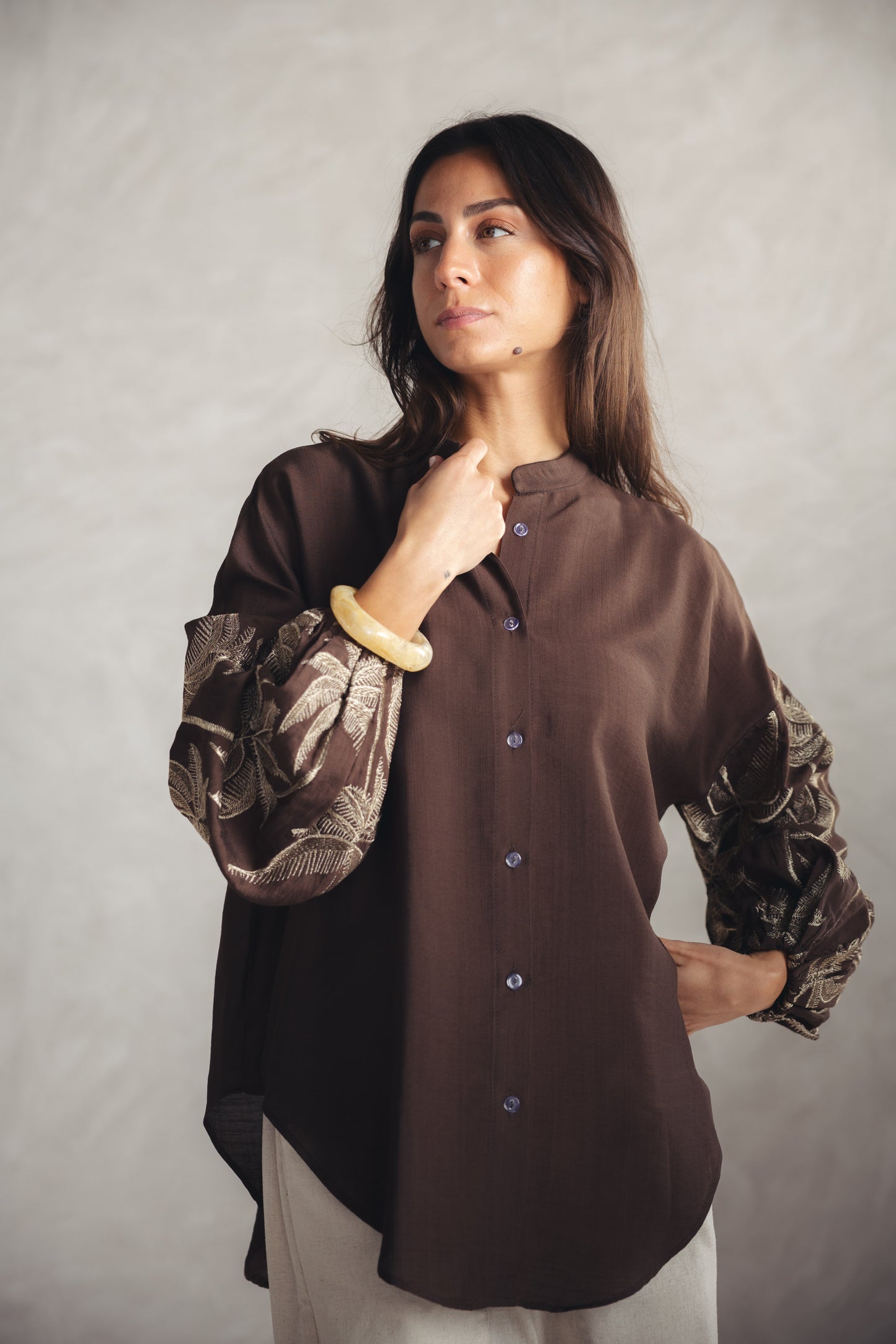 Tree Sleeves Linen Shirt - BROWN