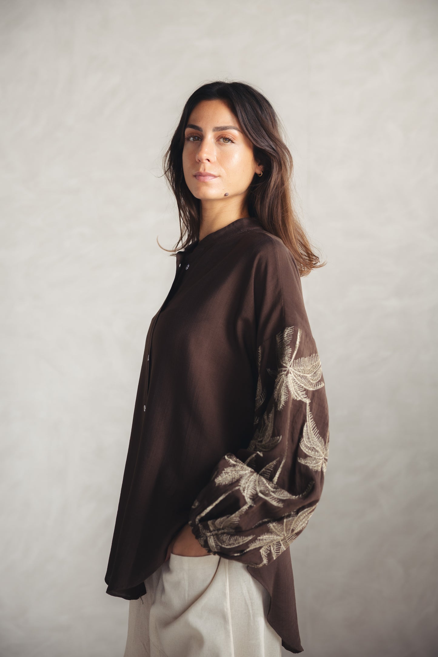 Tree Sleeves Linen Shirt - BROWN