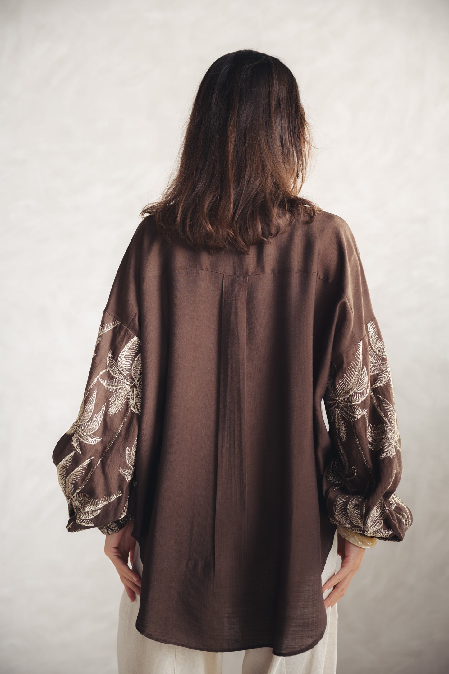 Tree Sleeves Linen Shirt - BROWN