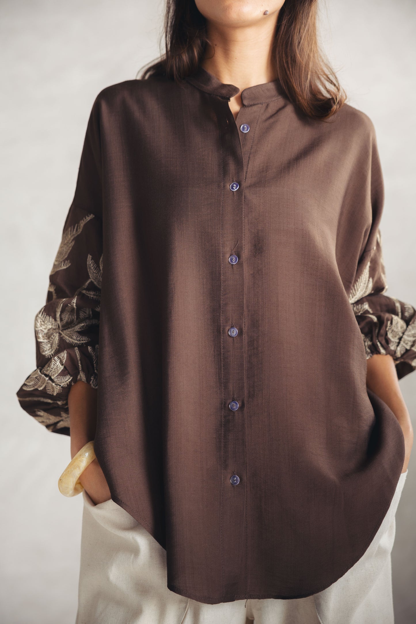 Tree Sleeves Linen Shirt - BROWN