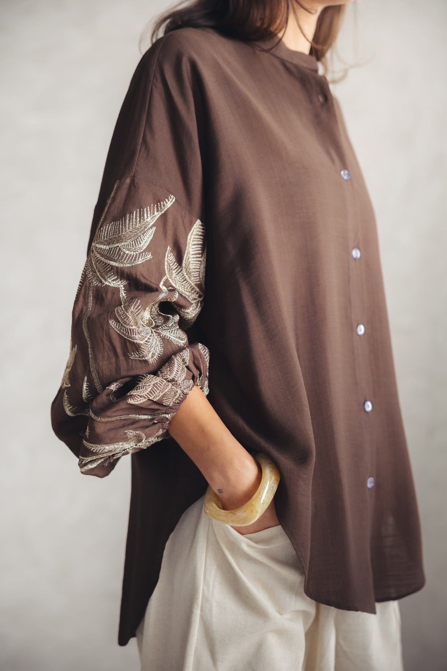 Tree Sleeves Linen Shirt - BROWN