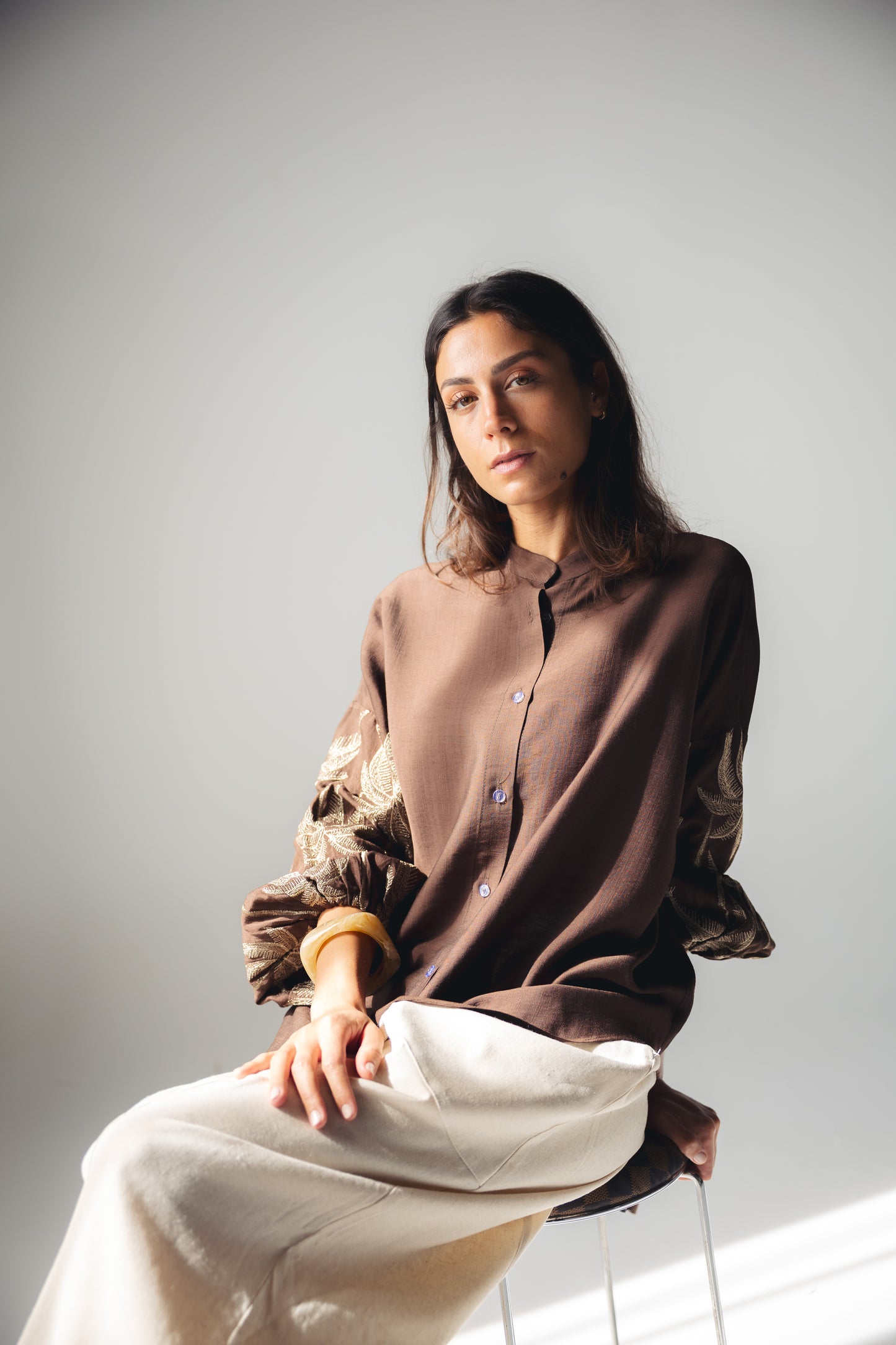 Tree Sleeves Linen Shirt - BROWN