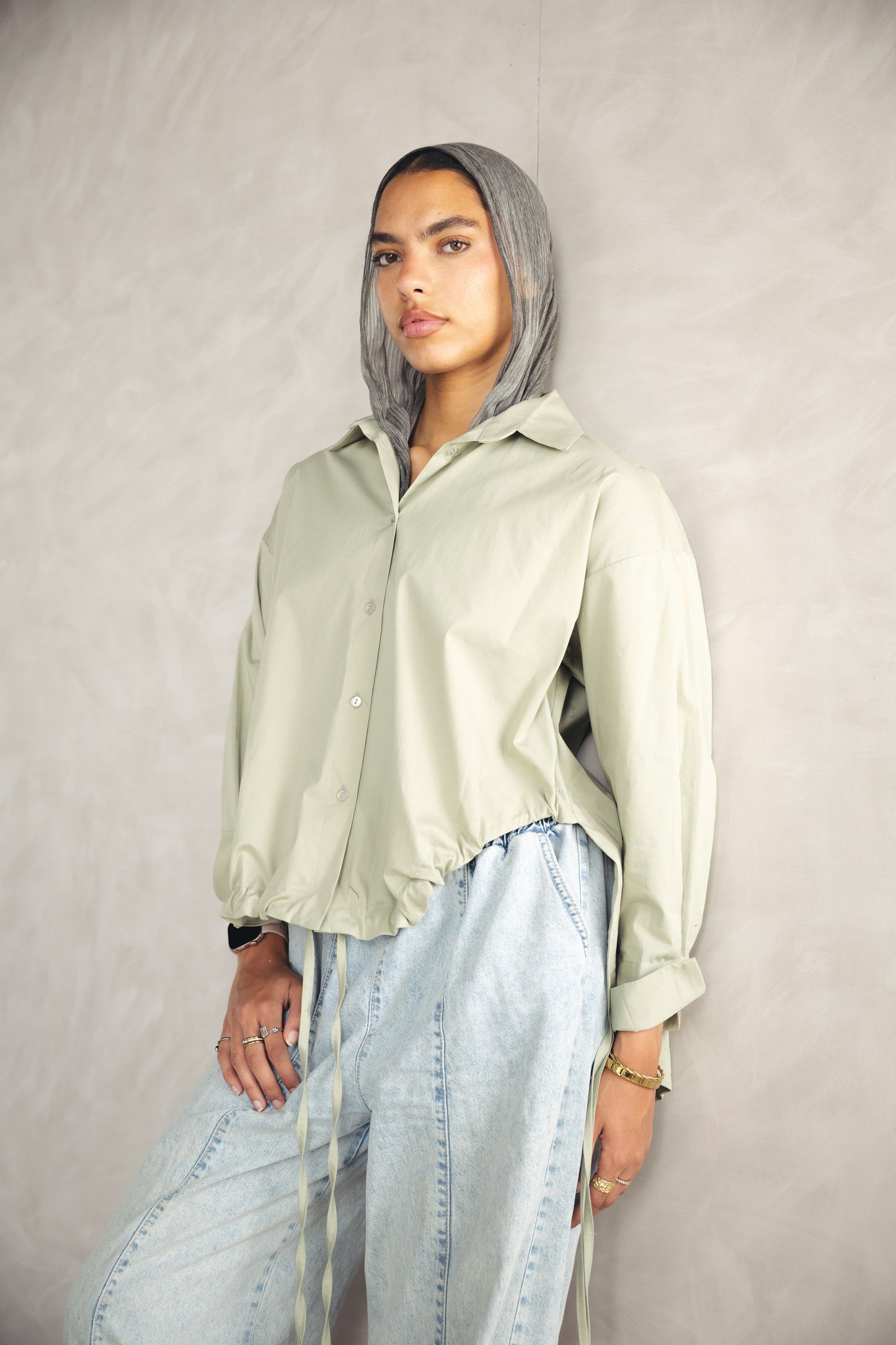 High Low Poplin Shirt - OLIVE