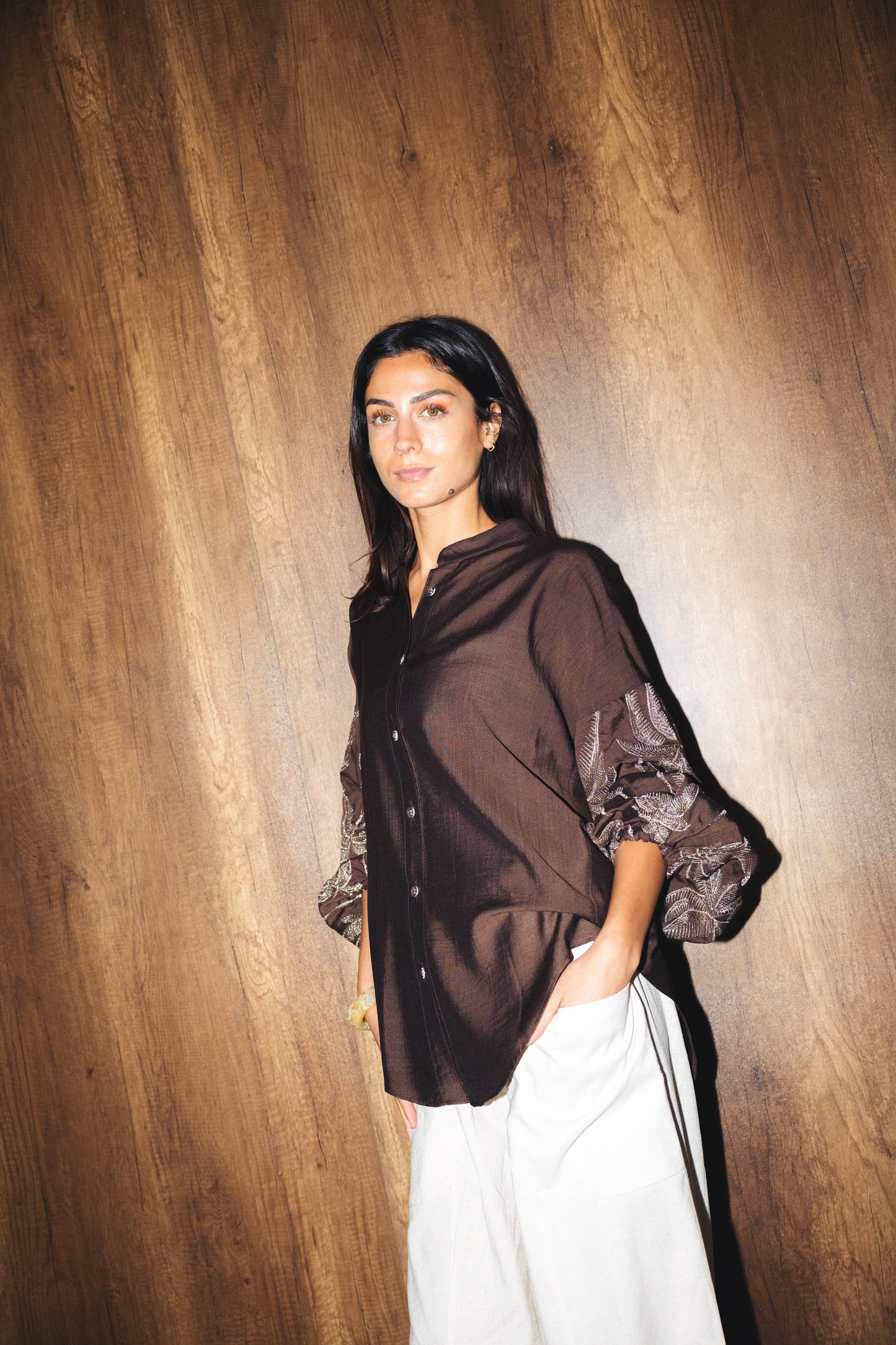 Tree Sleeves Linen Shirt - BROWN