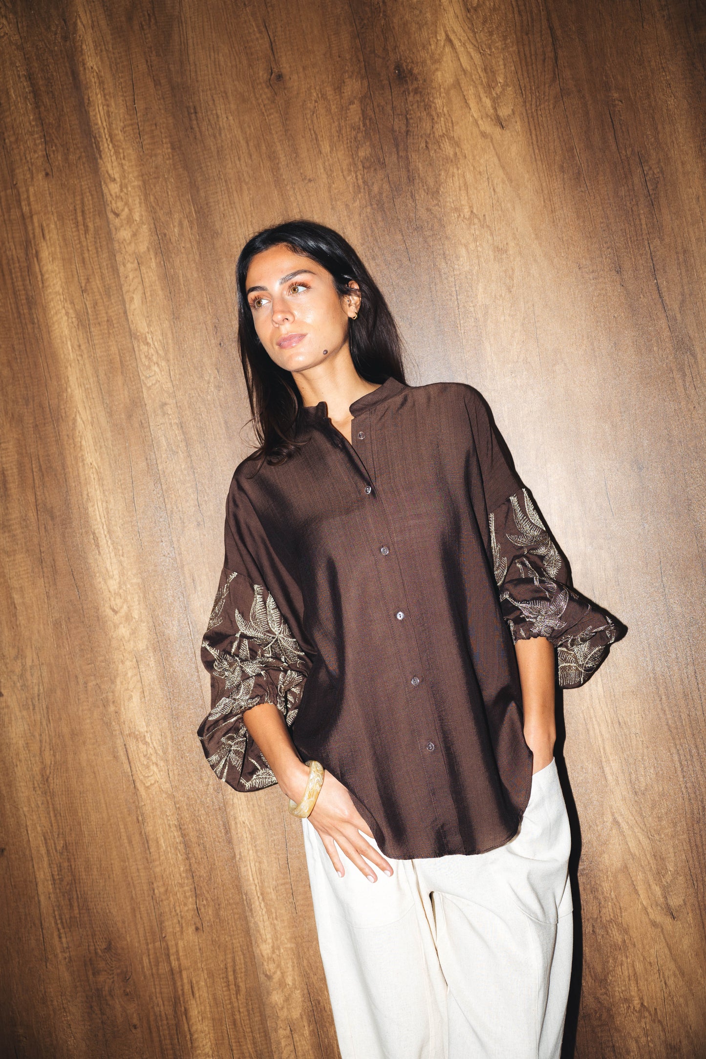 Tree Sleeves Linen Shirt - BROWN