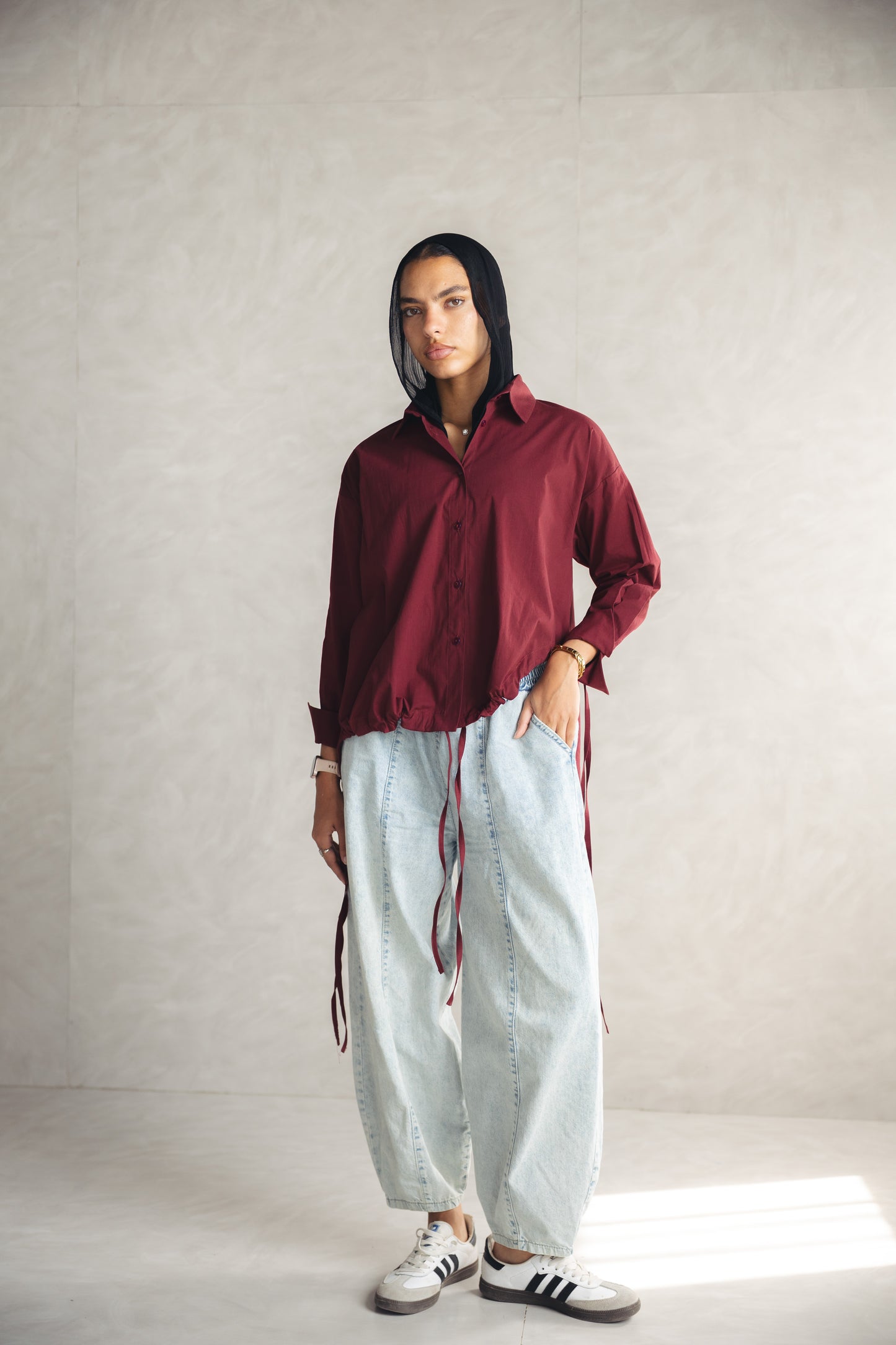 High Low Poplin Shirt - Burgandy