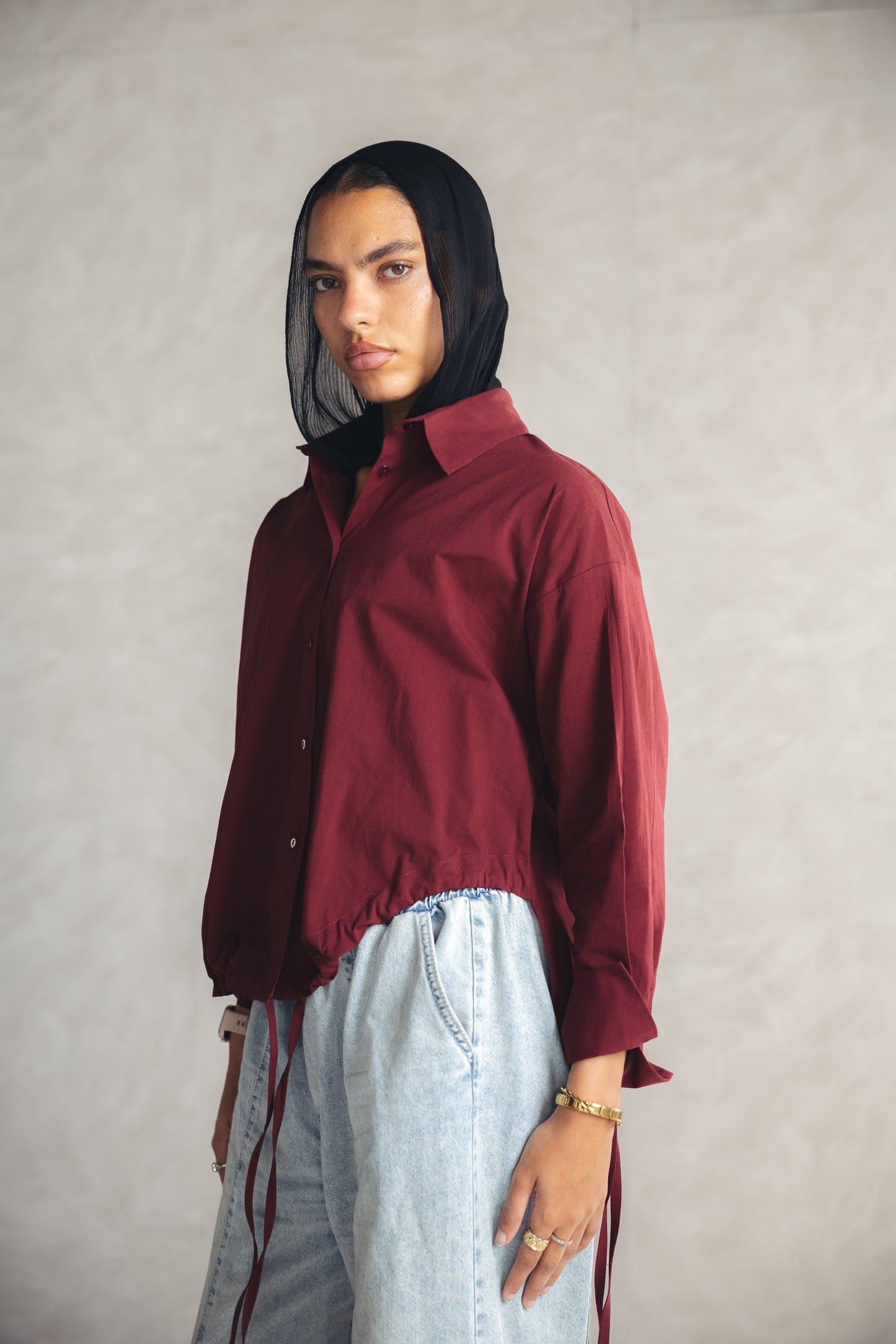 High Low Poplin Shirt - Burgandy