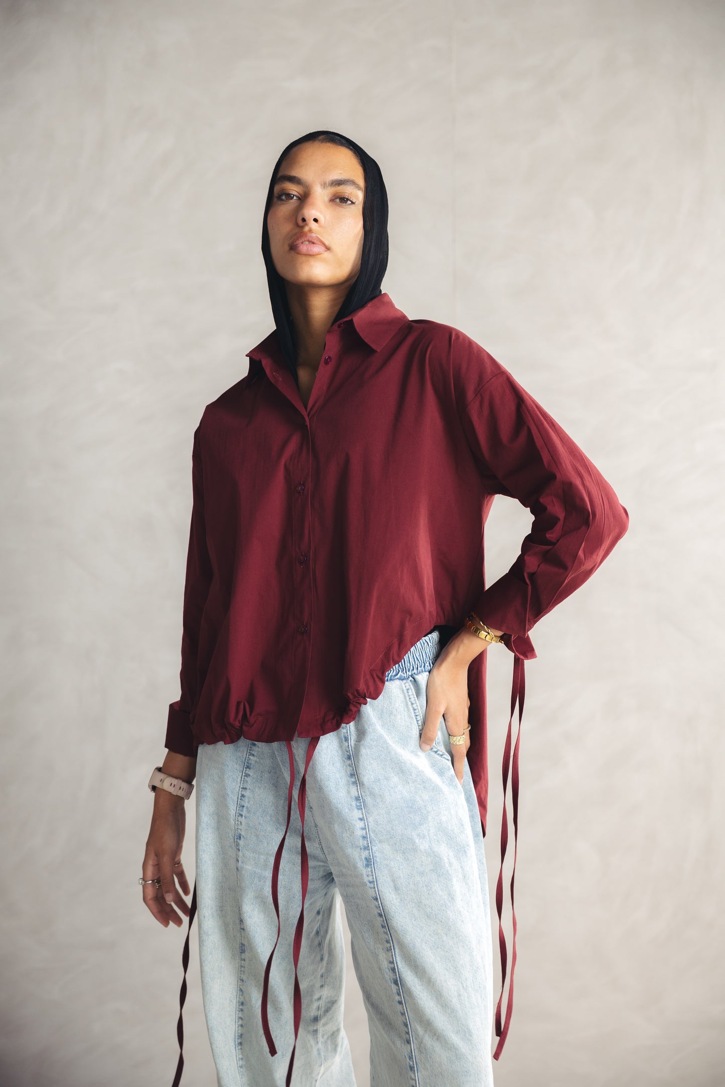 High Low Poplin Shirt - Burgandy