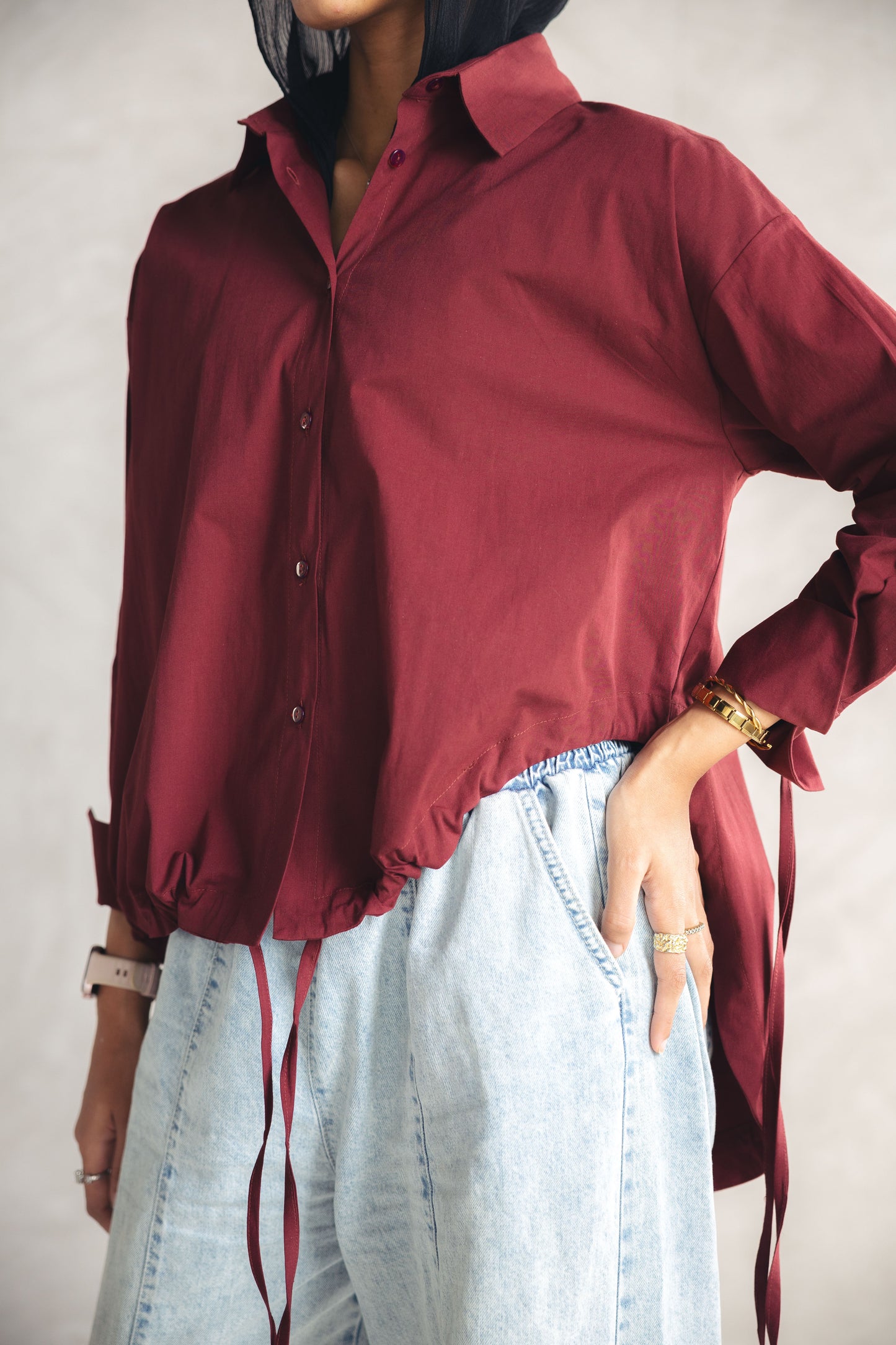 High Low Poplin Shirt - Burgandy