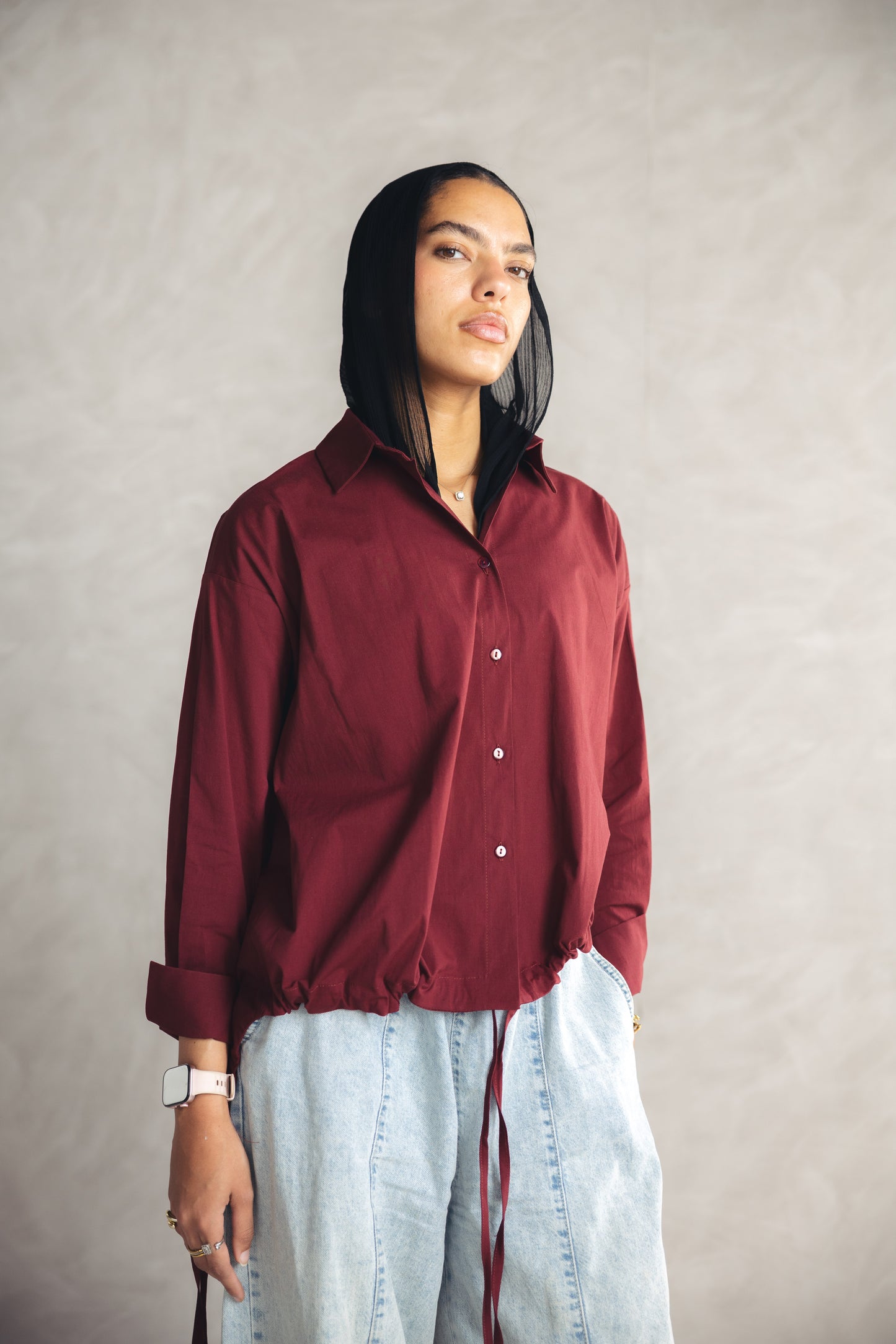 High Low Poplin Shirt - Burgandy
