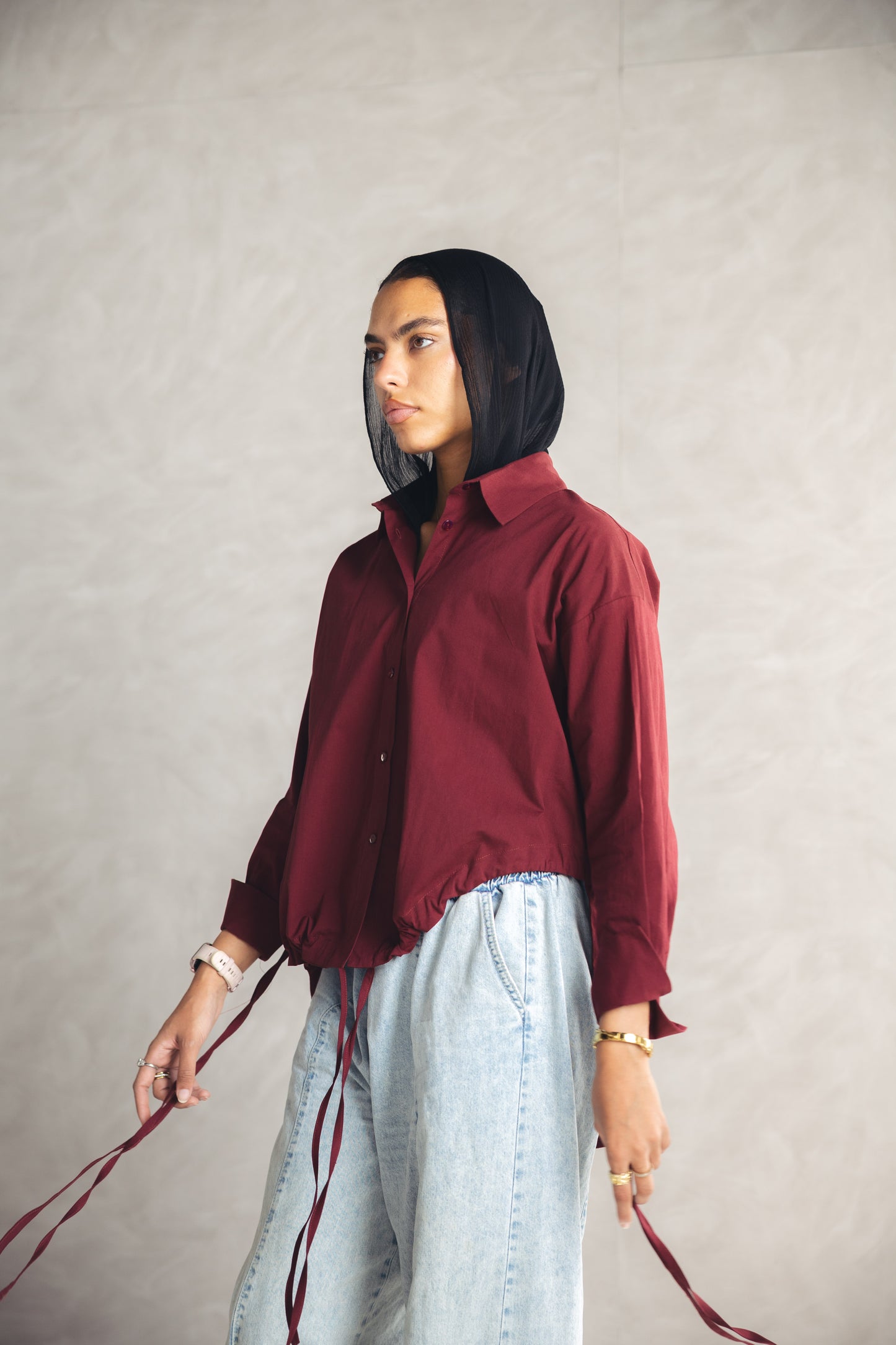 High Low Poplin Shirt - Burgandy