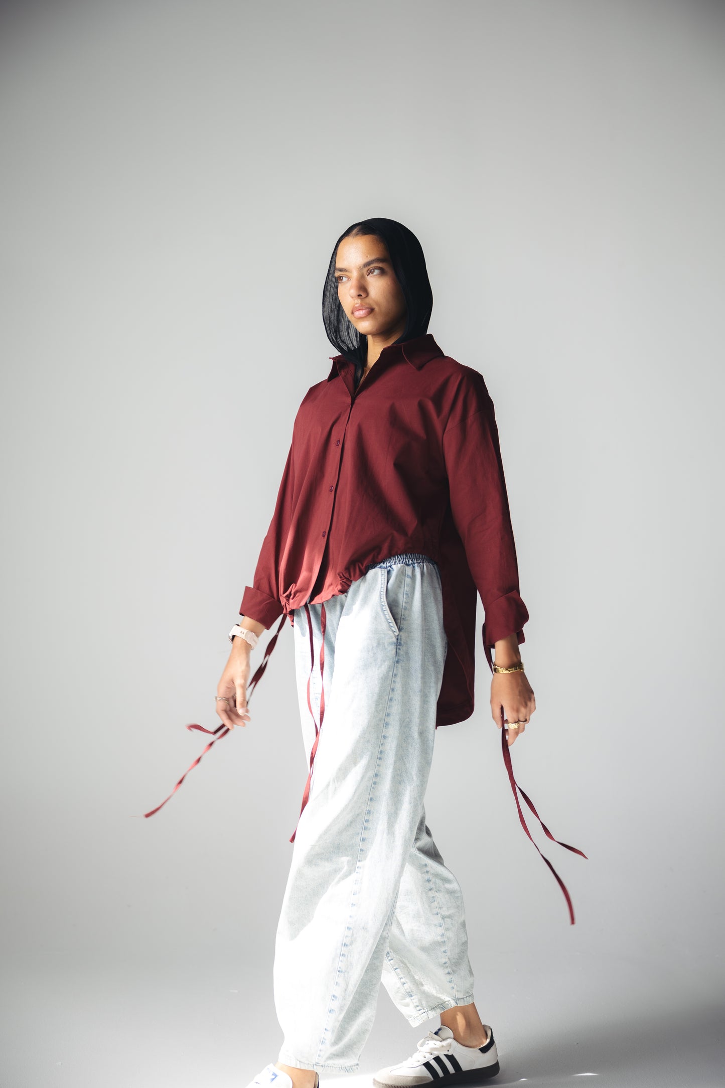 High Low Poplin Shirt - Burgandy