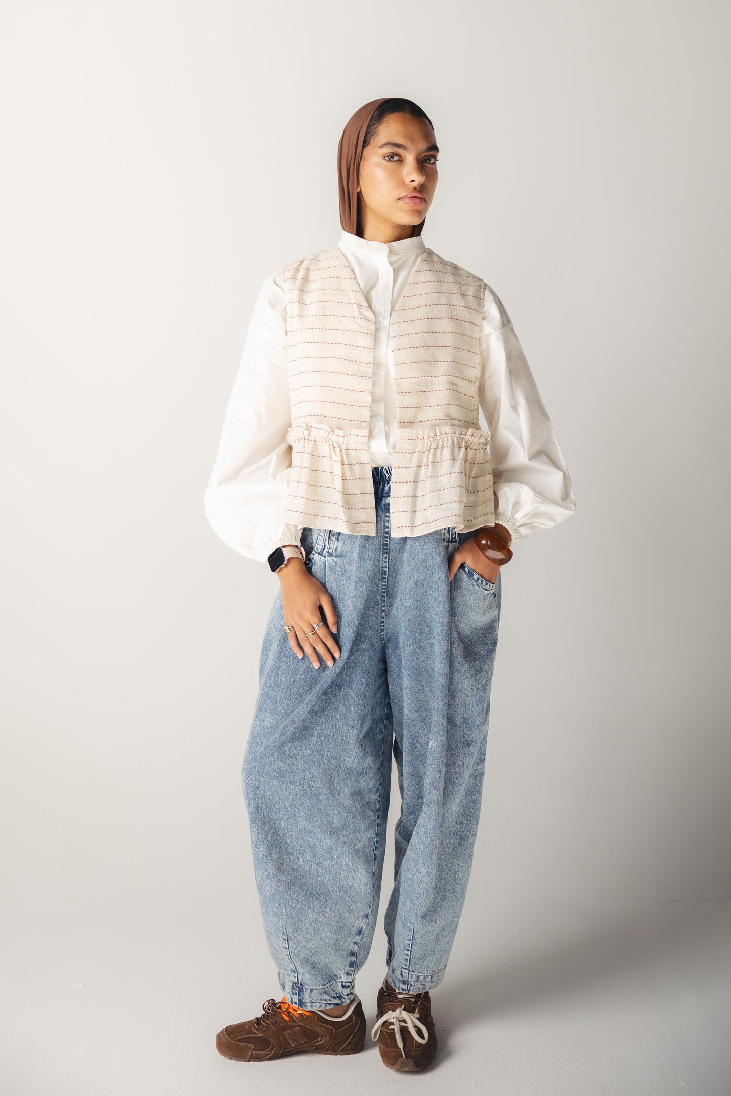 Lined Linen Vest - BEIGE X RED